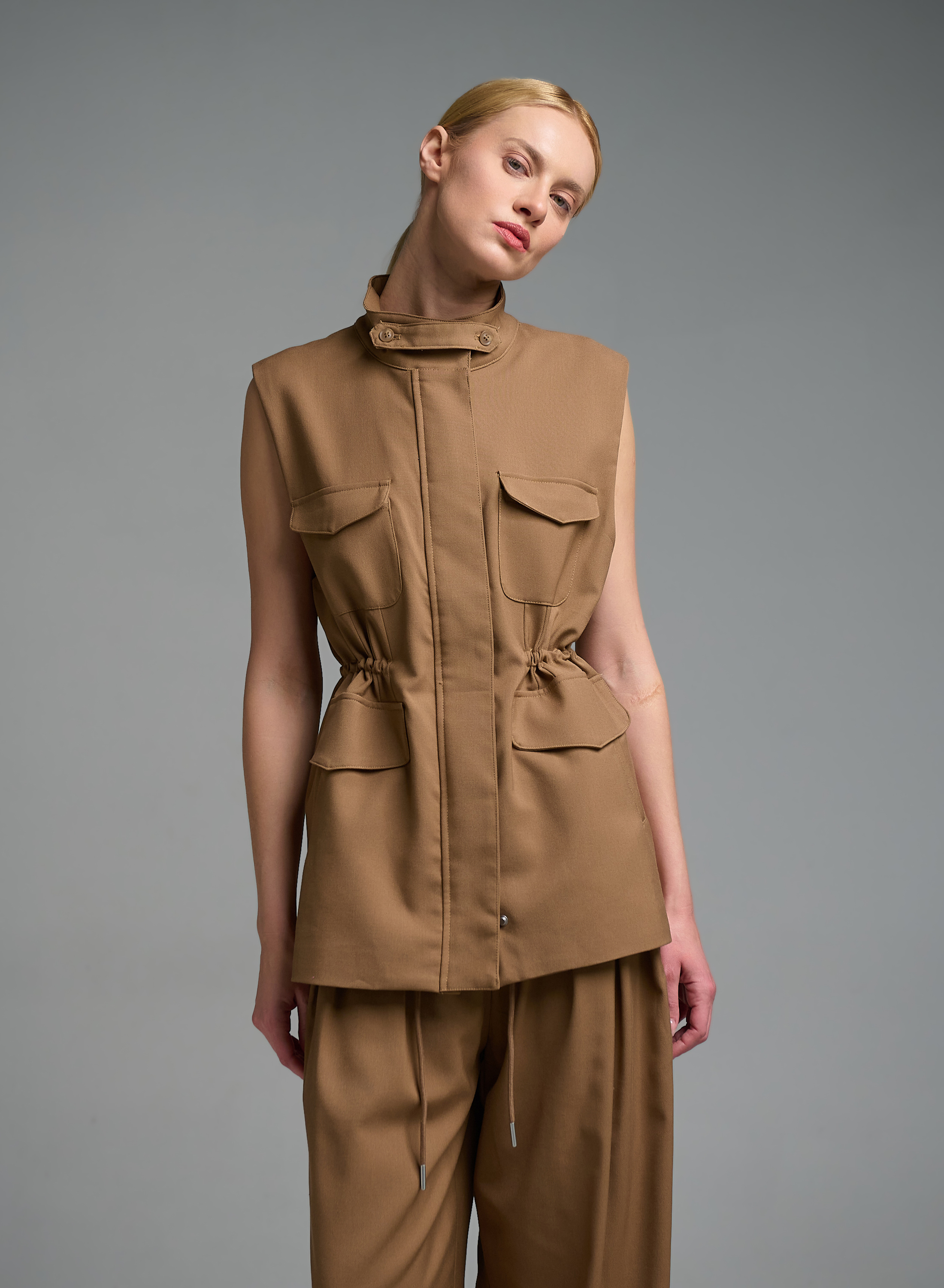 Κάμελ μακρύ Γιλέκο με τσέπες μπροστά και με κορδόνι στη μέση My Star - 4