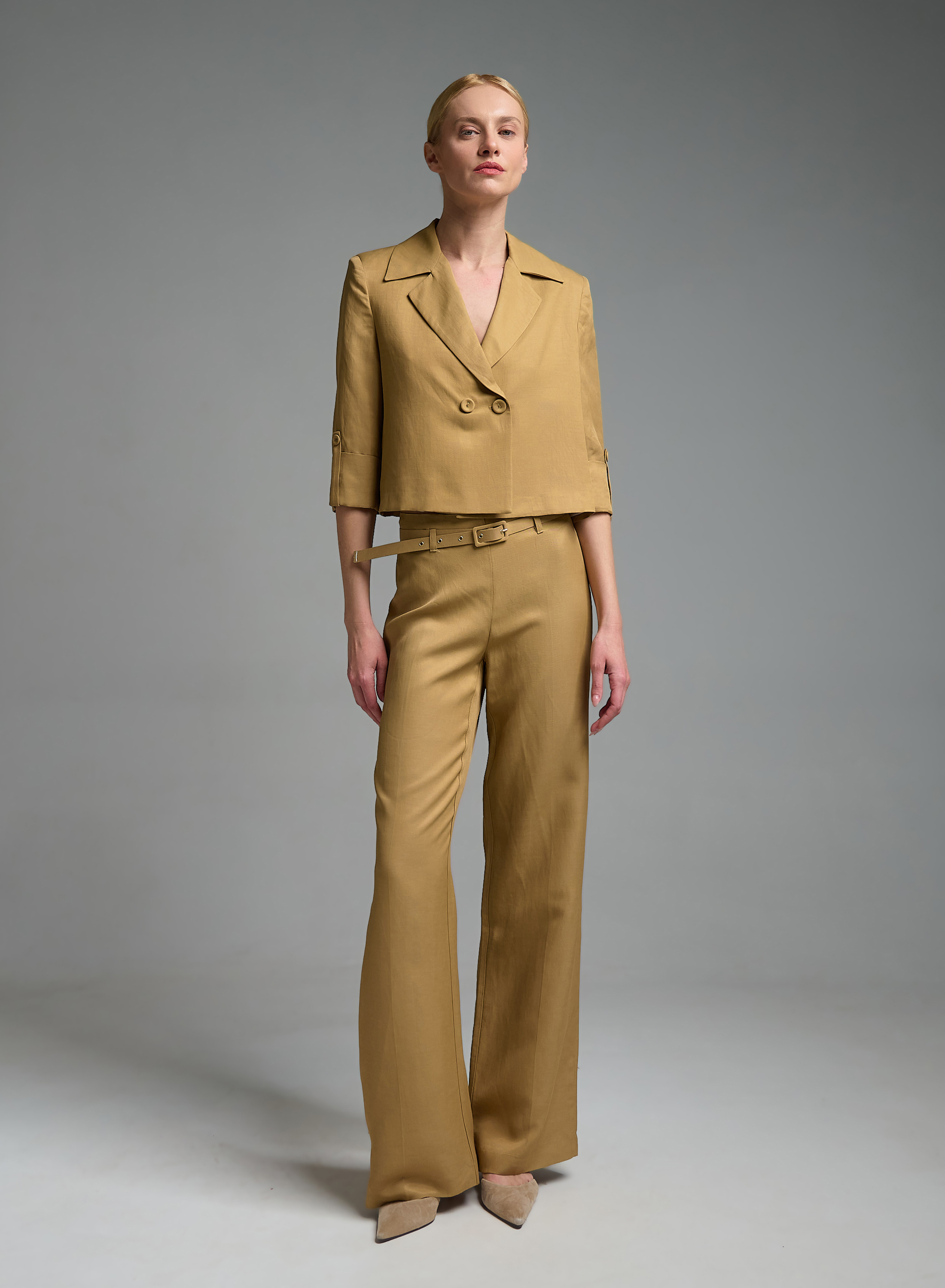 Camel double breasted short Jacket with three quarters sleeves Eco - 2