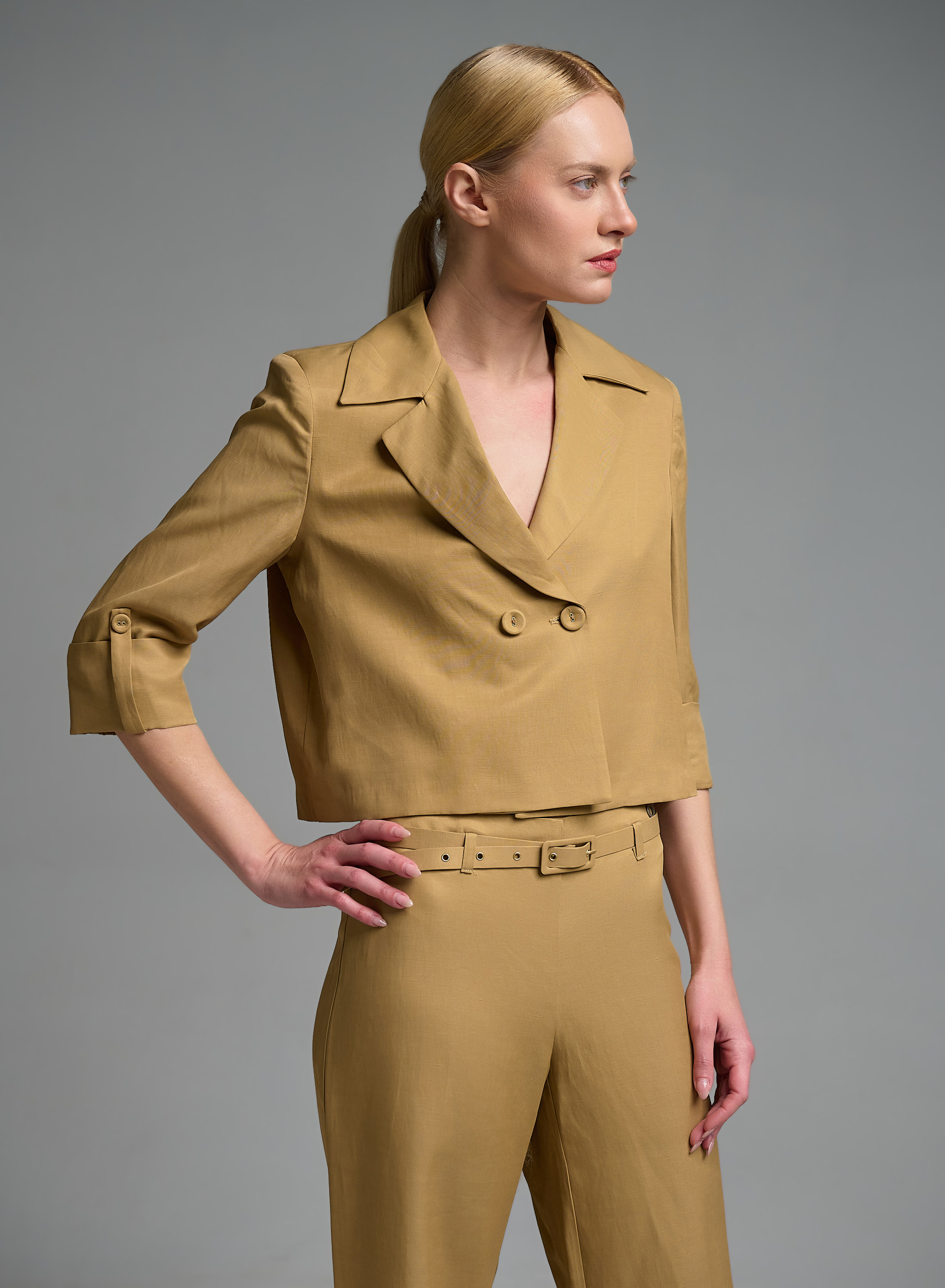 Camel double breasted short Jacket with three quarters sleeves Eco - 1