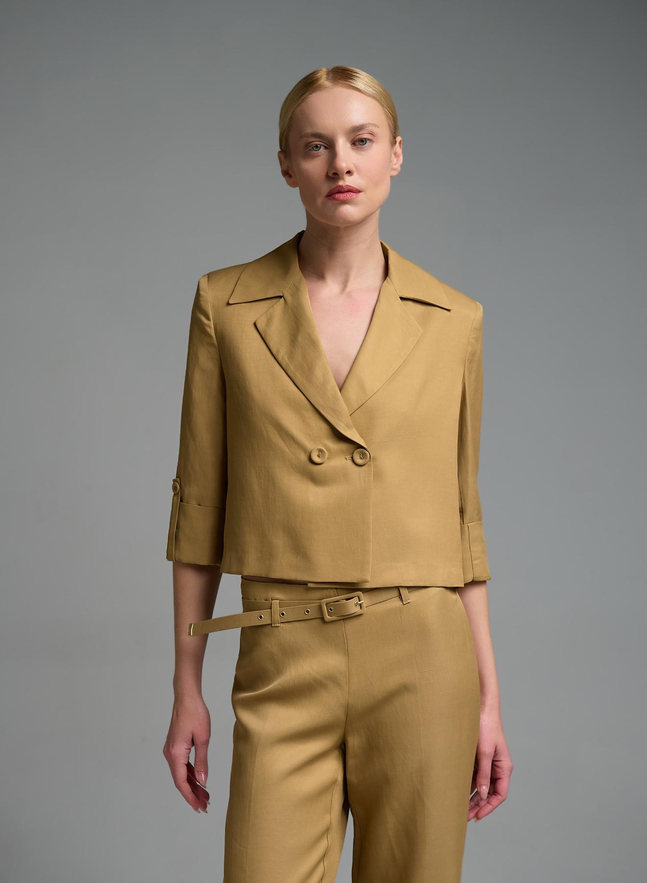 Camel double breasted short Jacket with three quarters sleeves Eco - 4