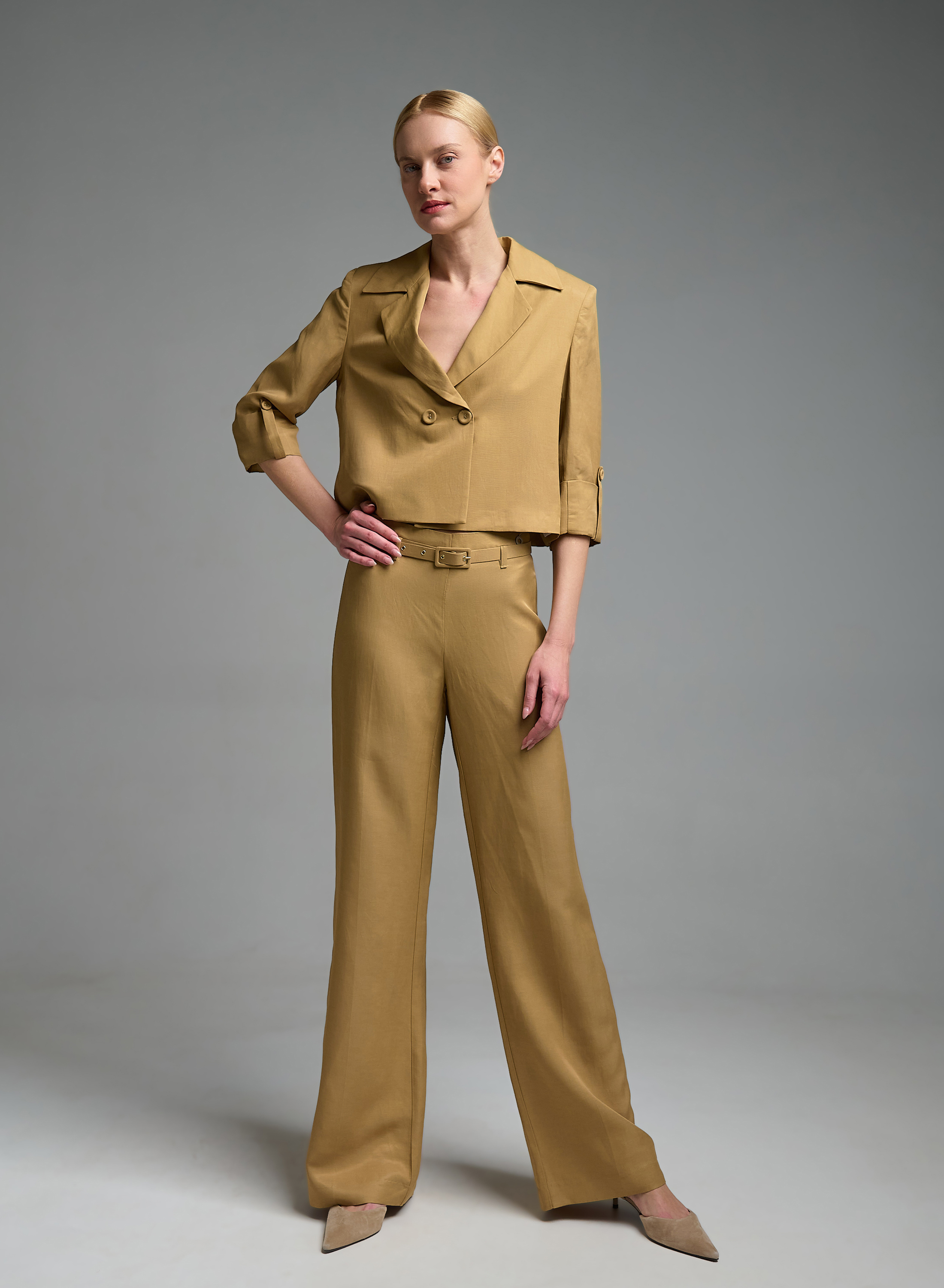 Camel double breasted short Jacket with three quarters sleeves Eco - 4