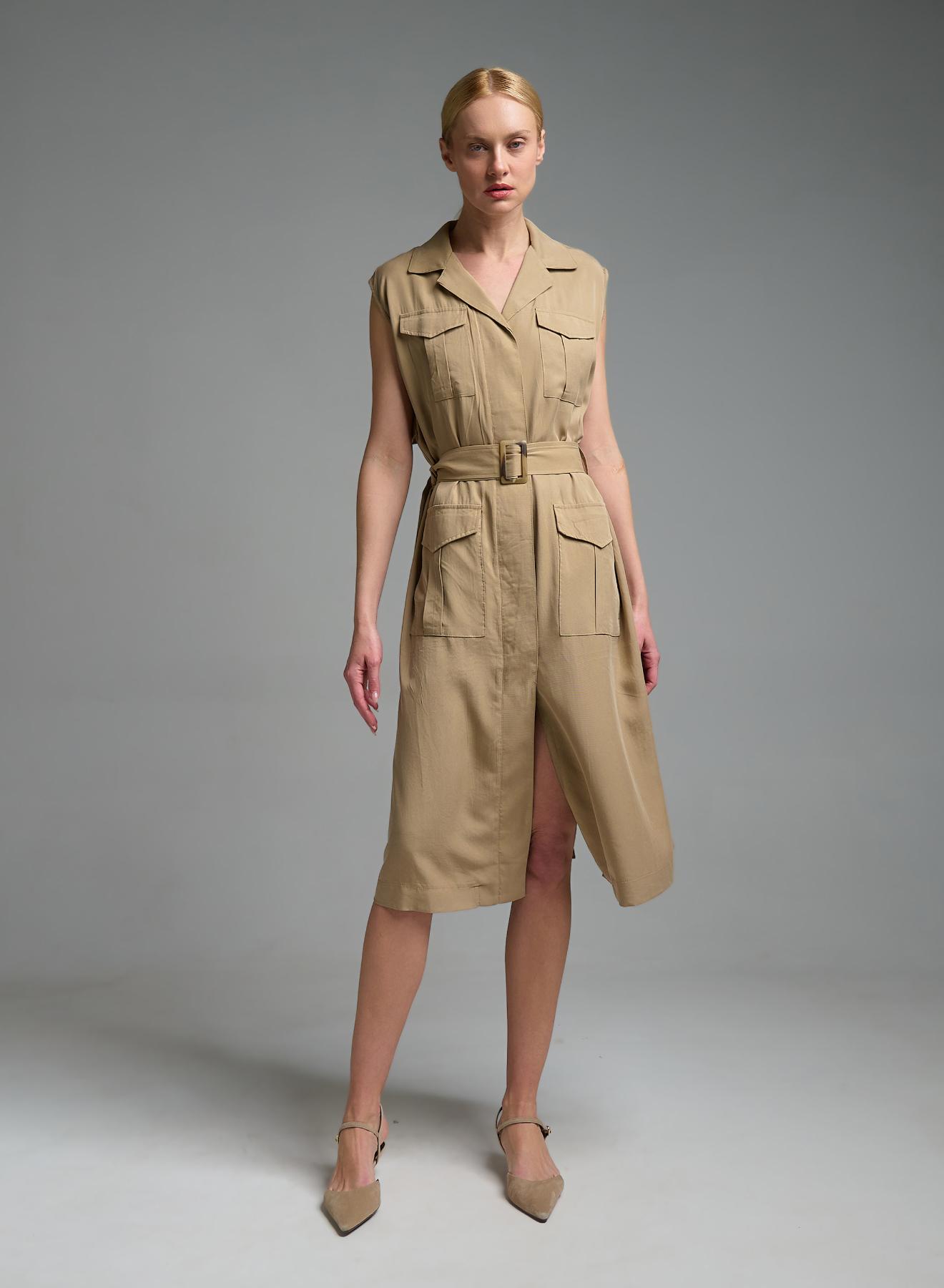 Μπεζ αμάνικο σεμιζιέ Φόρεμα με εξωτερικές τσέπες και με ζώνη Valentina Milano - 2