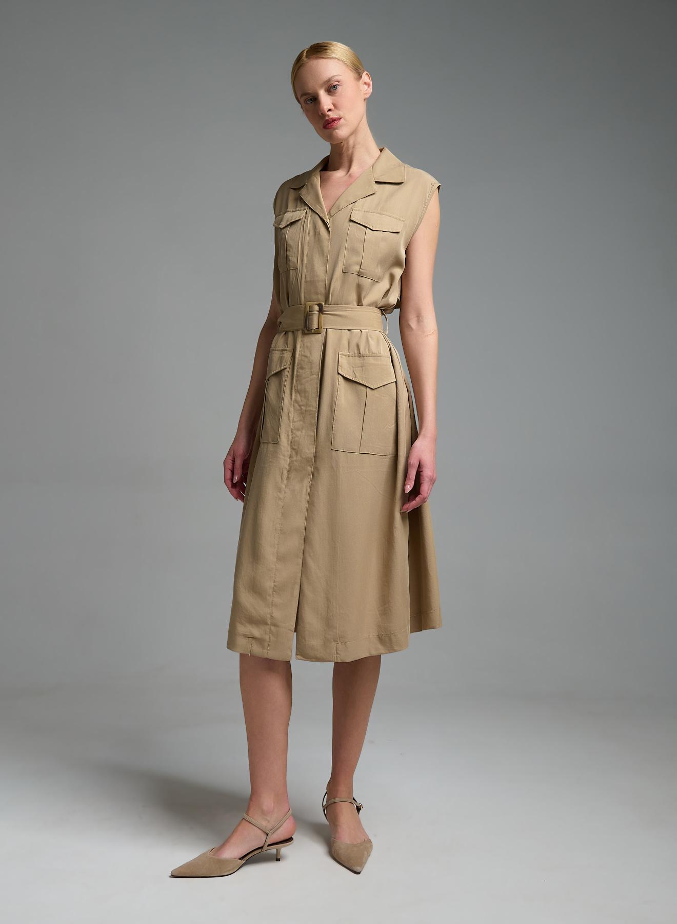 Μπεζ αμάνικο σεμιζιέ Φόρεμα με εξωτερικές τσέπες και με ζώνη Valentina Milano - 3