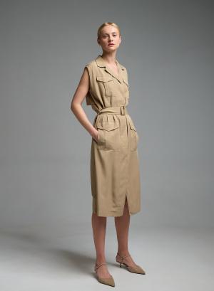 Beige sleeveless chemisier Dress with patch pockets and with belt Valentina Milano - 57990