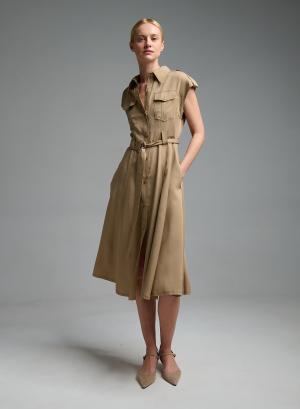 Camel sleeveless chemisier Dress with patch pockets and with belt Valentina Milano - 58017