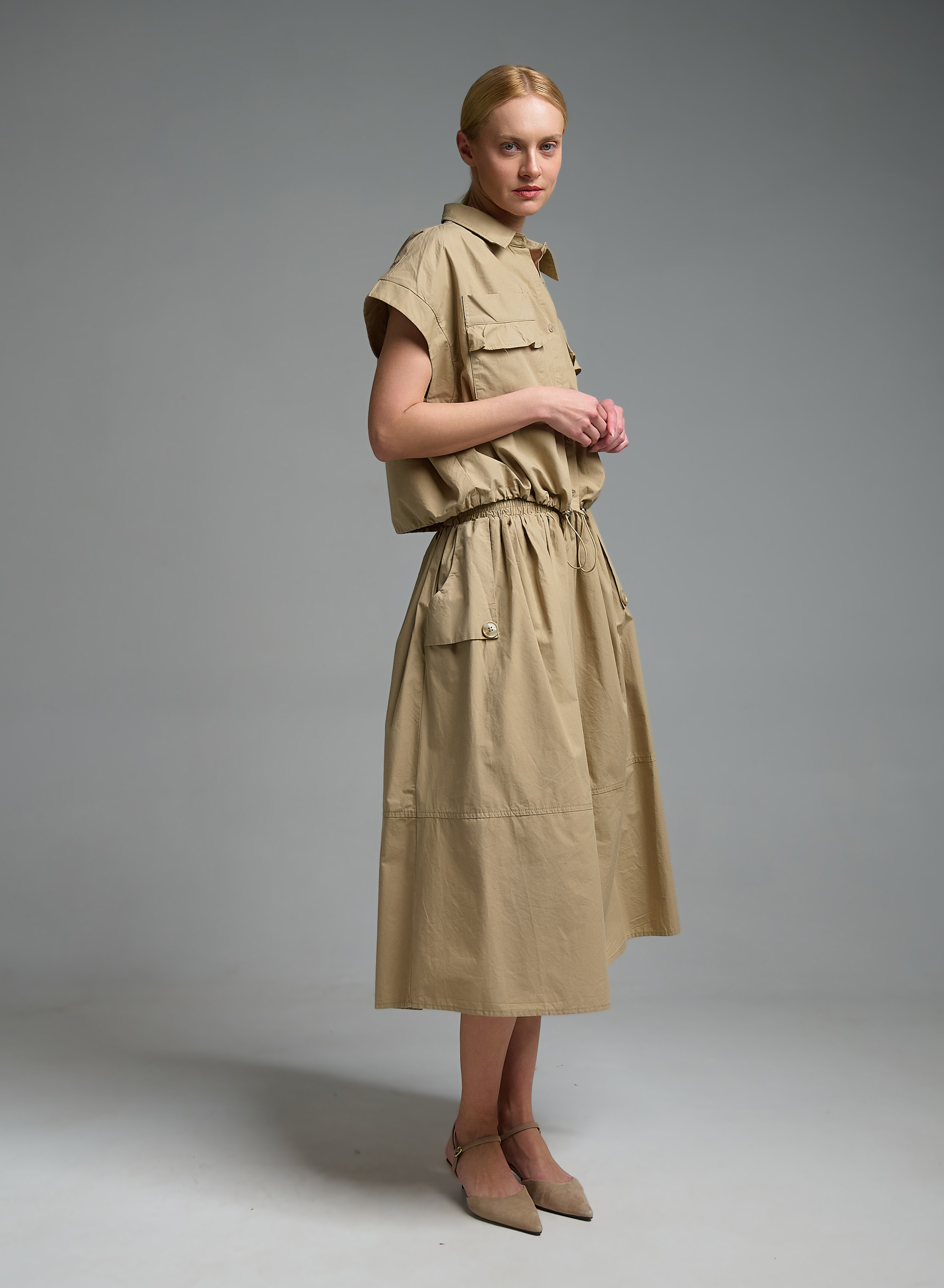 Μπεζ αμάνικο Πουκάμισο με λάστιχο στο τελείωμα Valentina Milano - 3