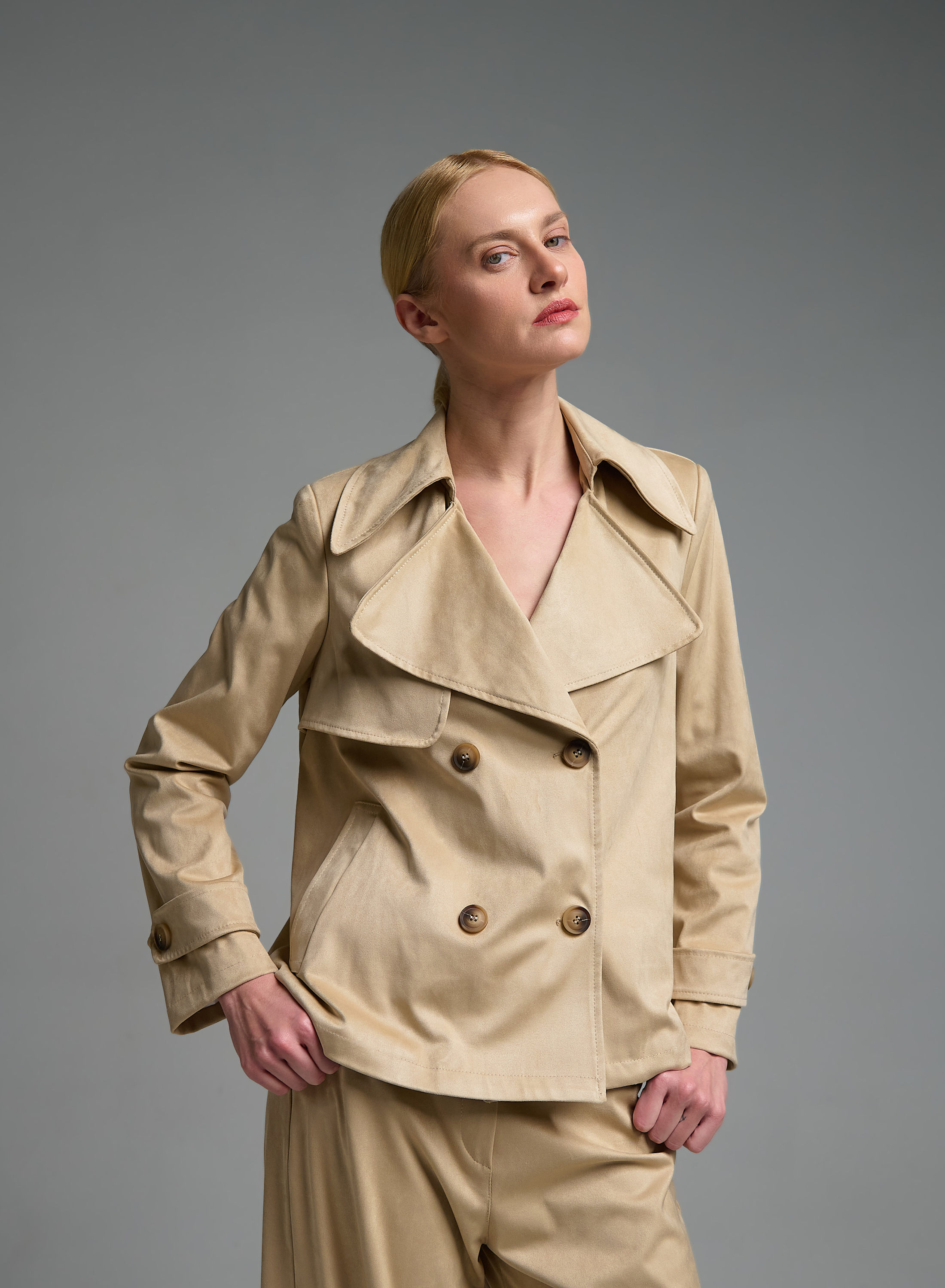 Μπεζ eco suede σταυροκούμπωτο Πανοφώρι Motel - 0