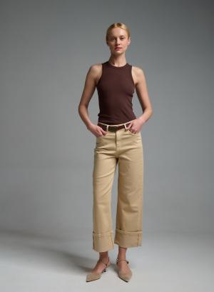 Μπεζ Παντελόνι Jean με ζώνη και με ρεβέρ Eco - 58095