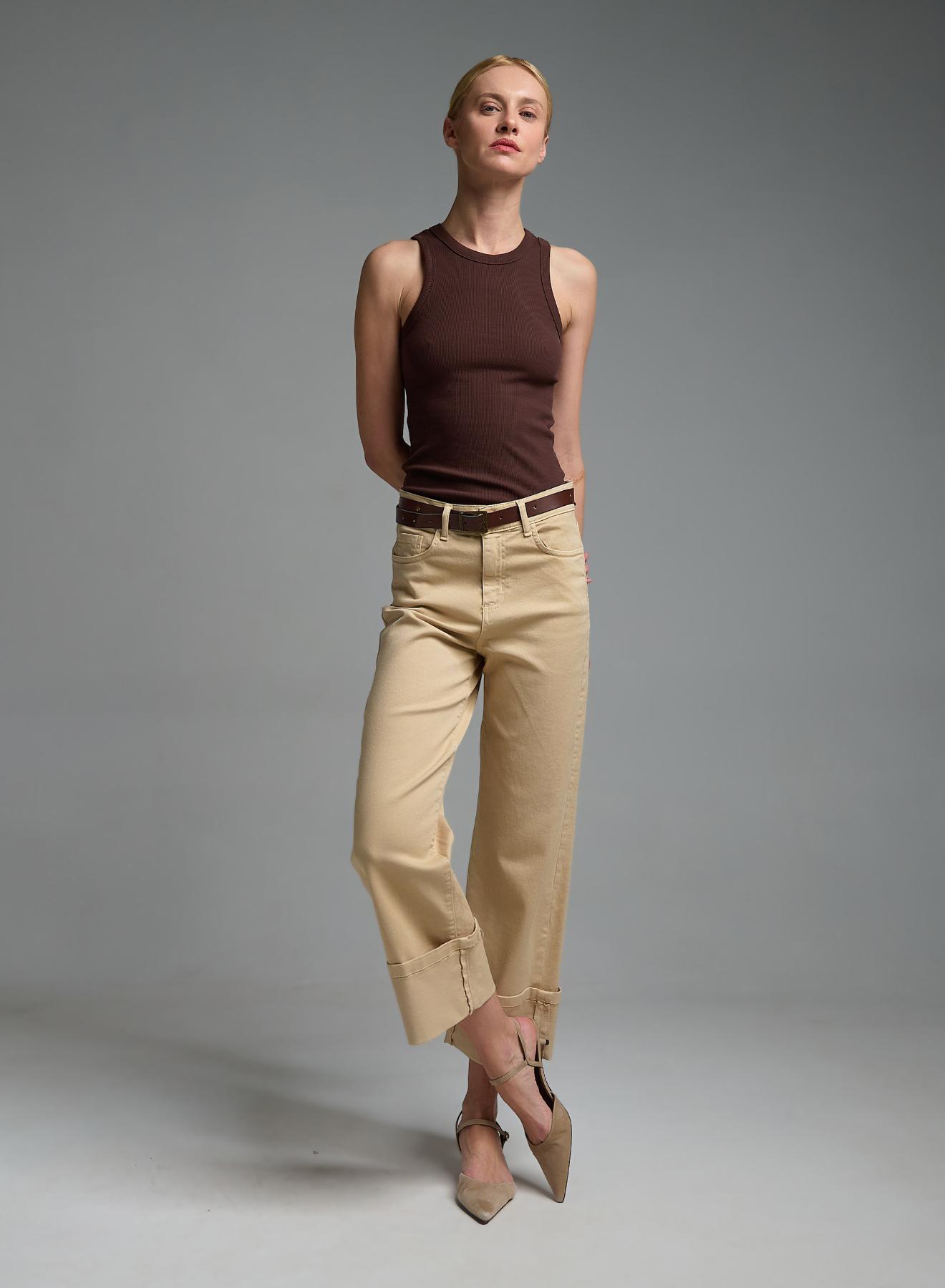 Μπεζ Παντελόνι Jean με ζώνη και με ρεβέρ Eco - 4