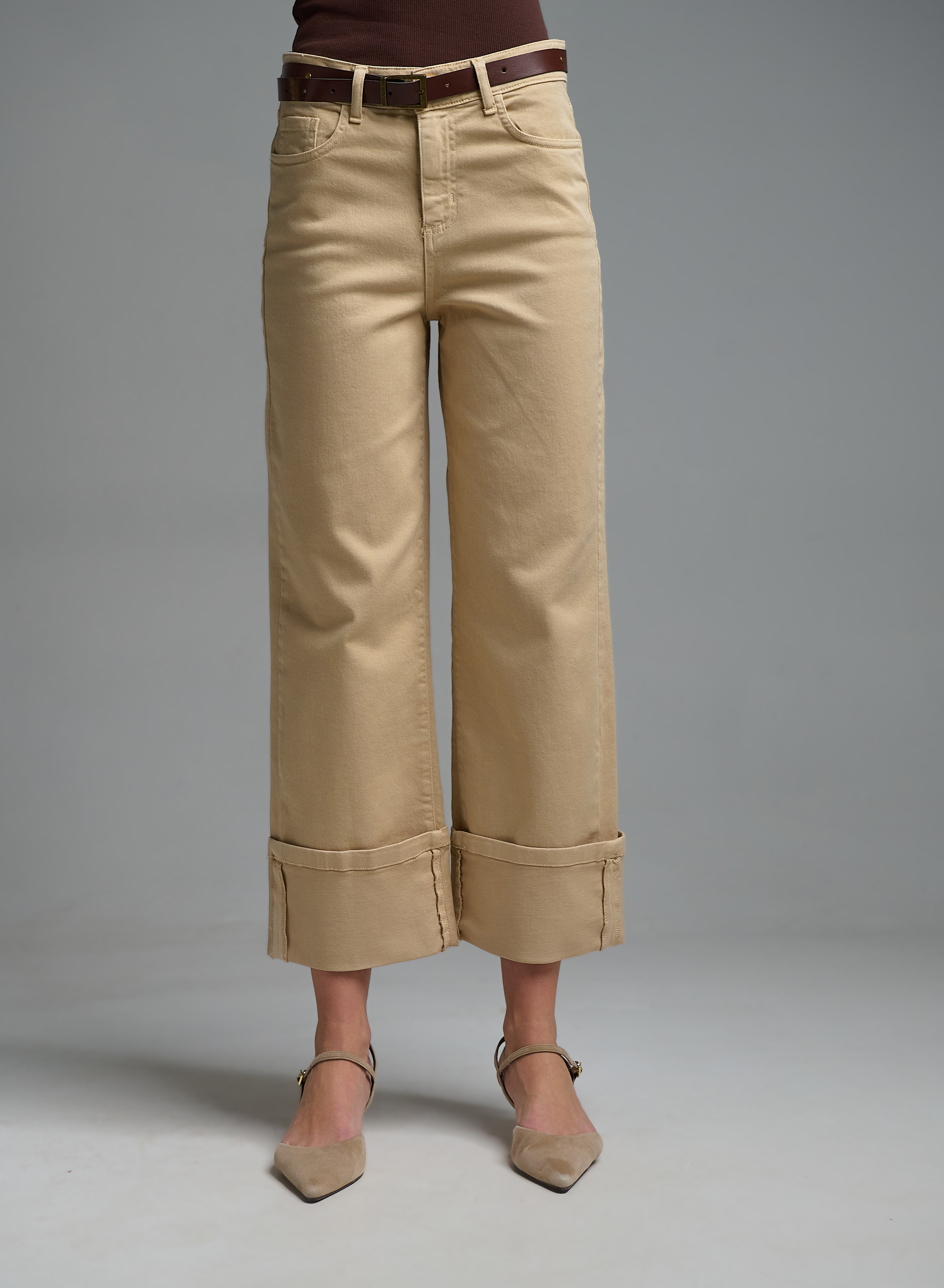 Μπεζ Παντελόνι Jean με ζώνη και με ρεβέρ Eco - 4