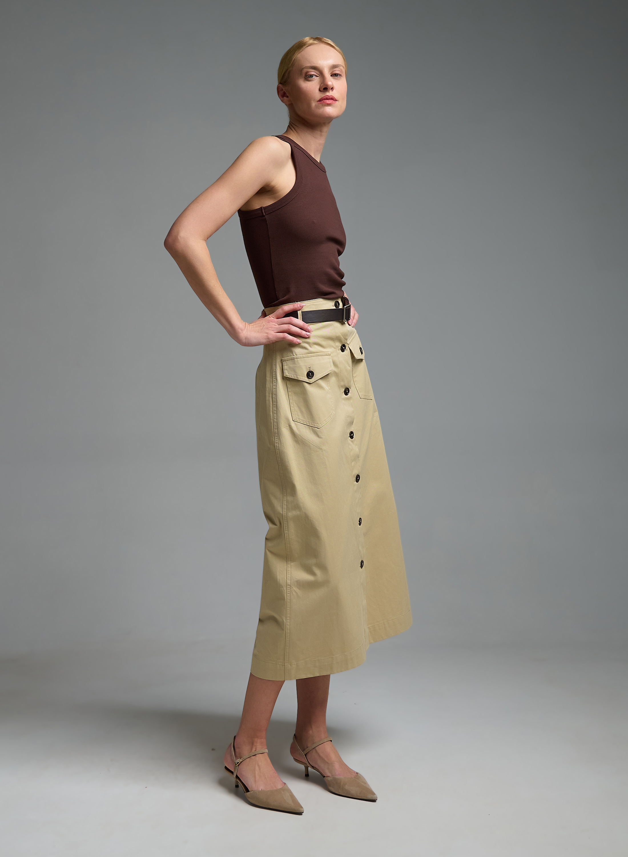 Beige belted Skirt with button closoure and patch pockets My Star - 3
