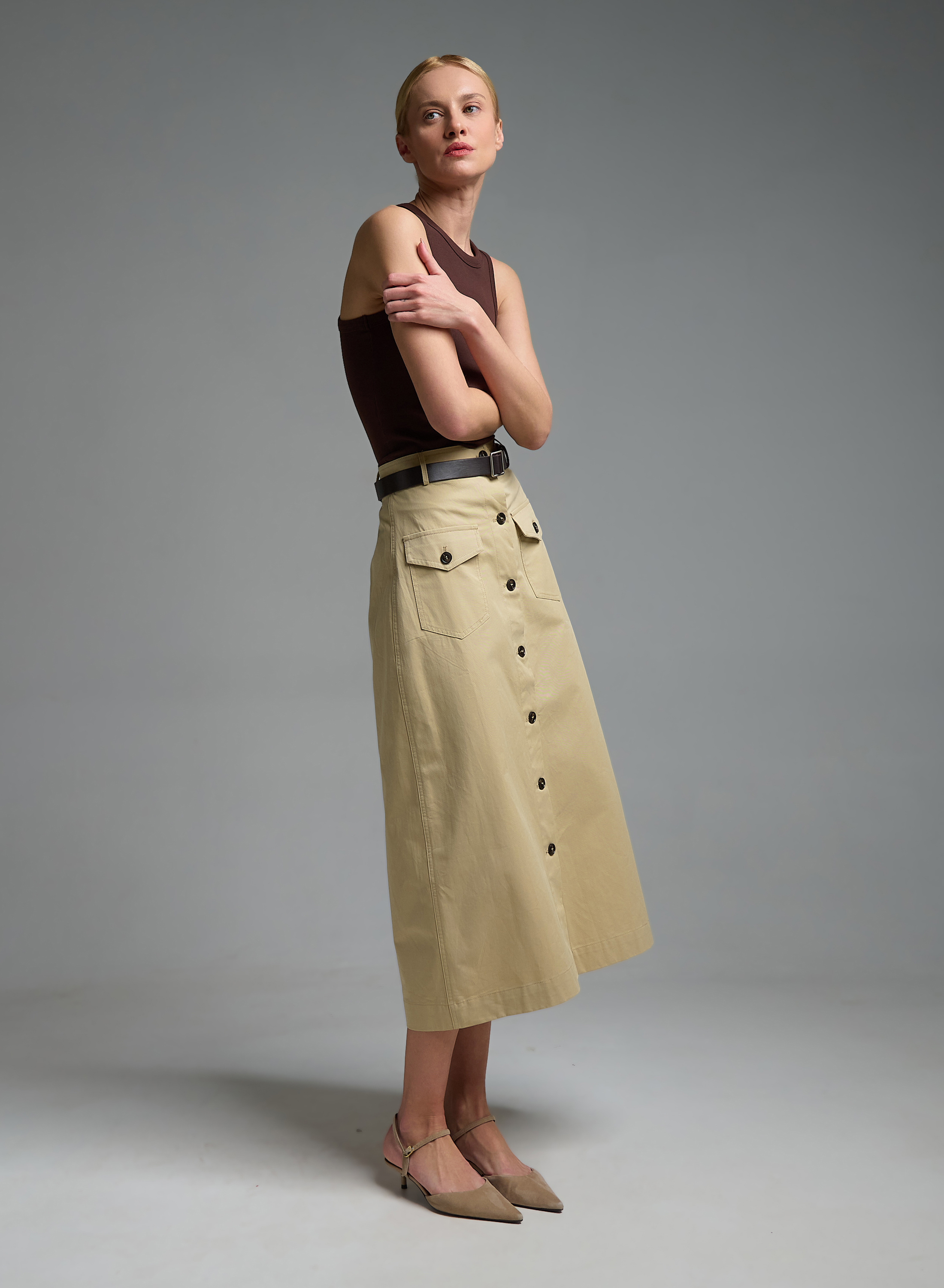 Beige belted Skirt with button closoure and patch pockets My Star - 1