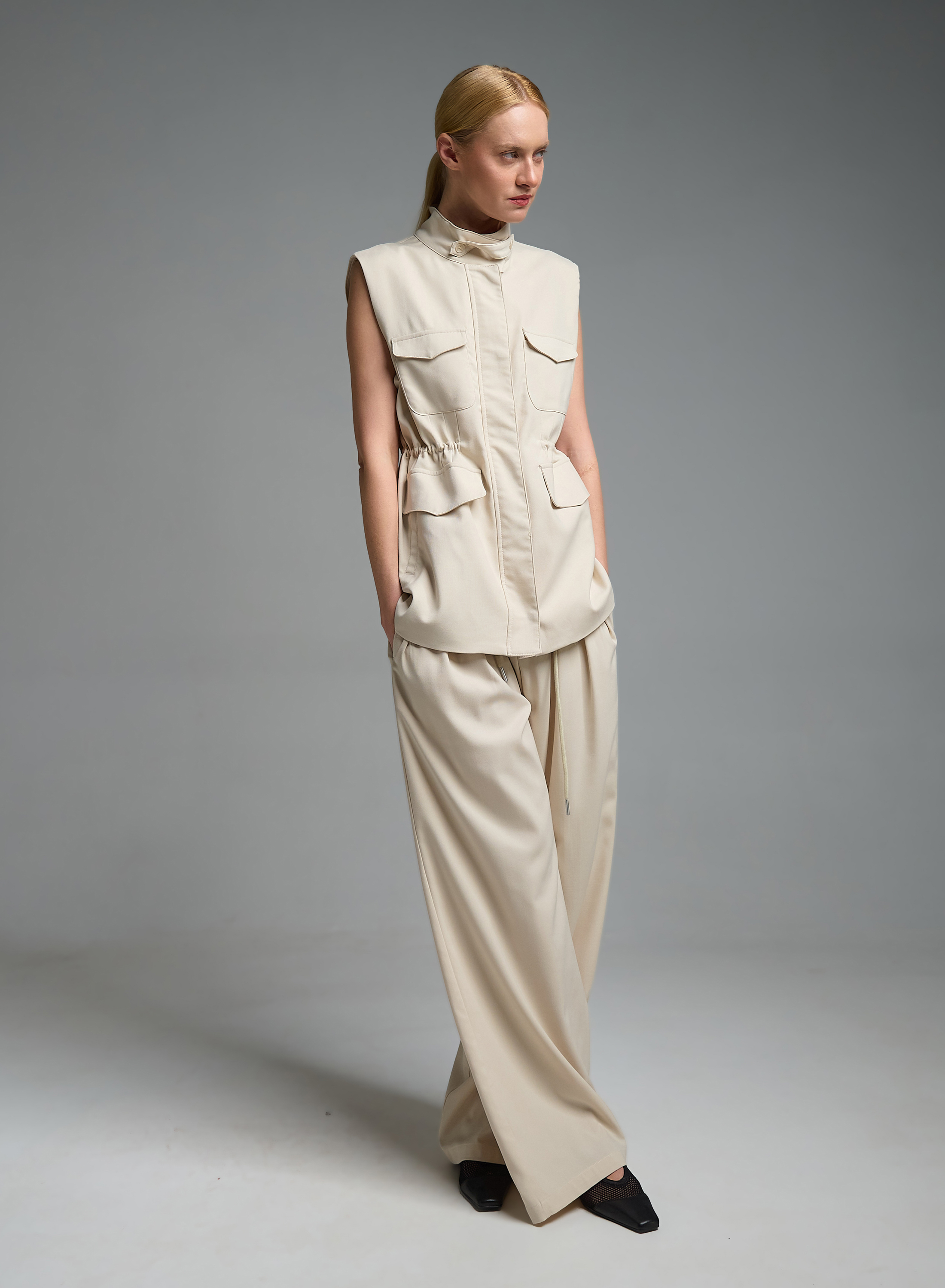 Εκρού μακρύ Γιλέκο με τσέπες μπροστά και με κορδόνι στη μέση My Star - 3