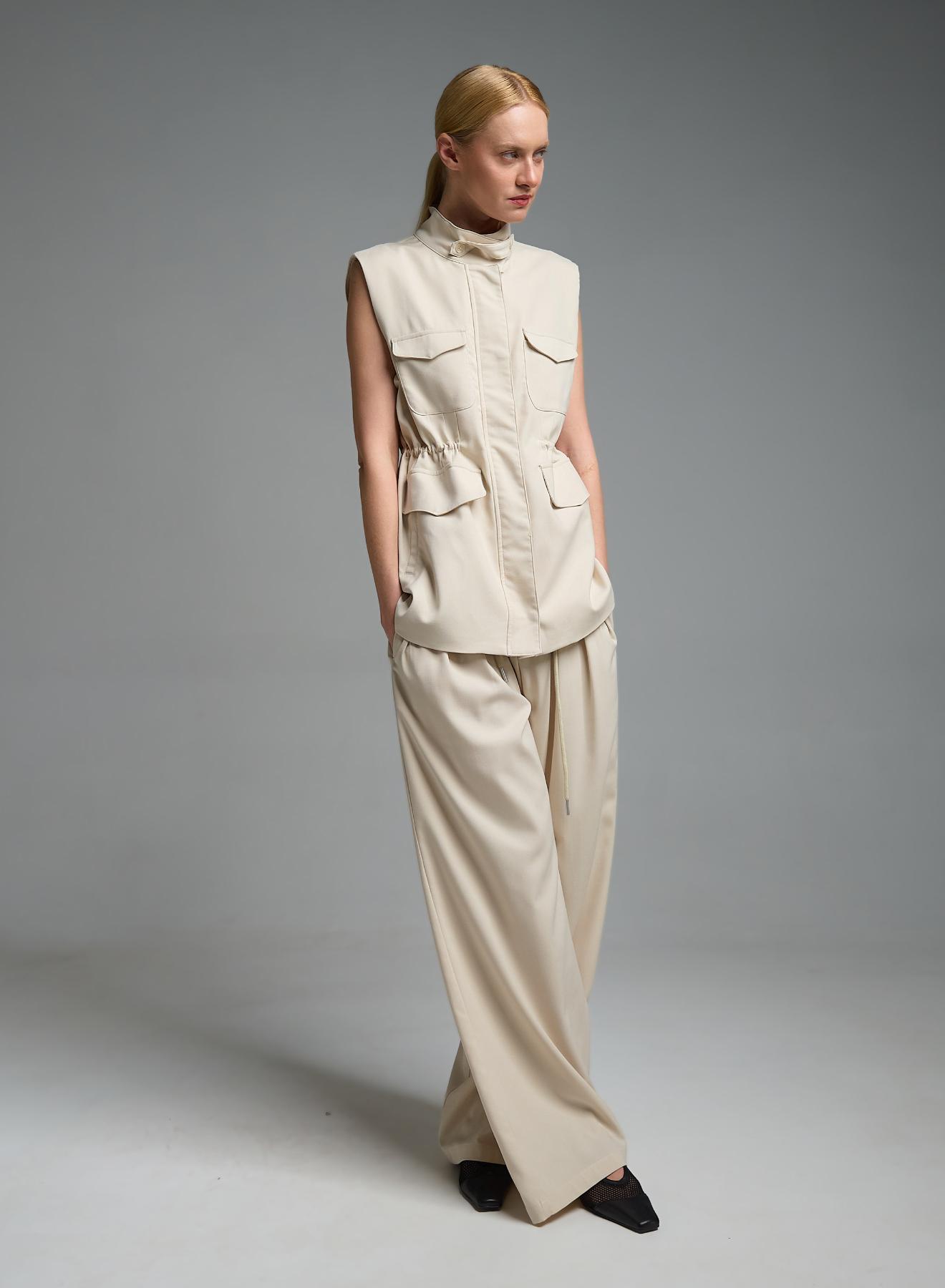 Εκρού μακρύ Γιλέκο με τσέπες μπροστά και με κορδόνι στη μέση My Star - 4