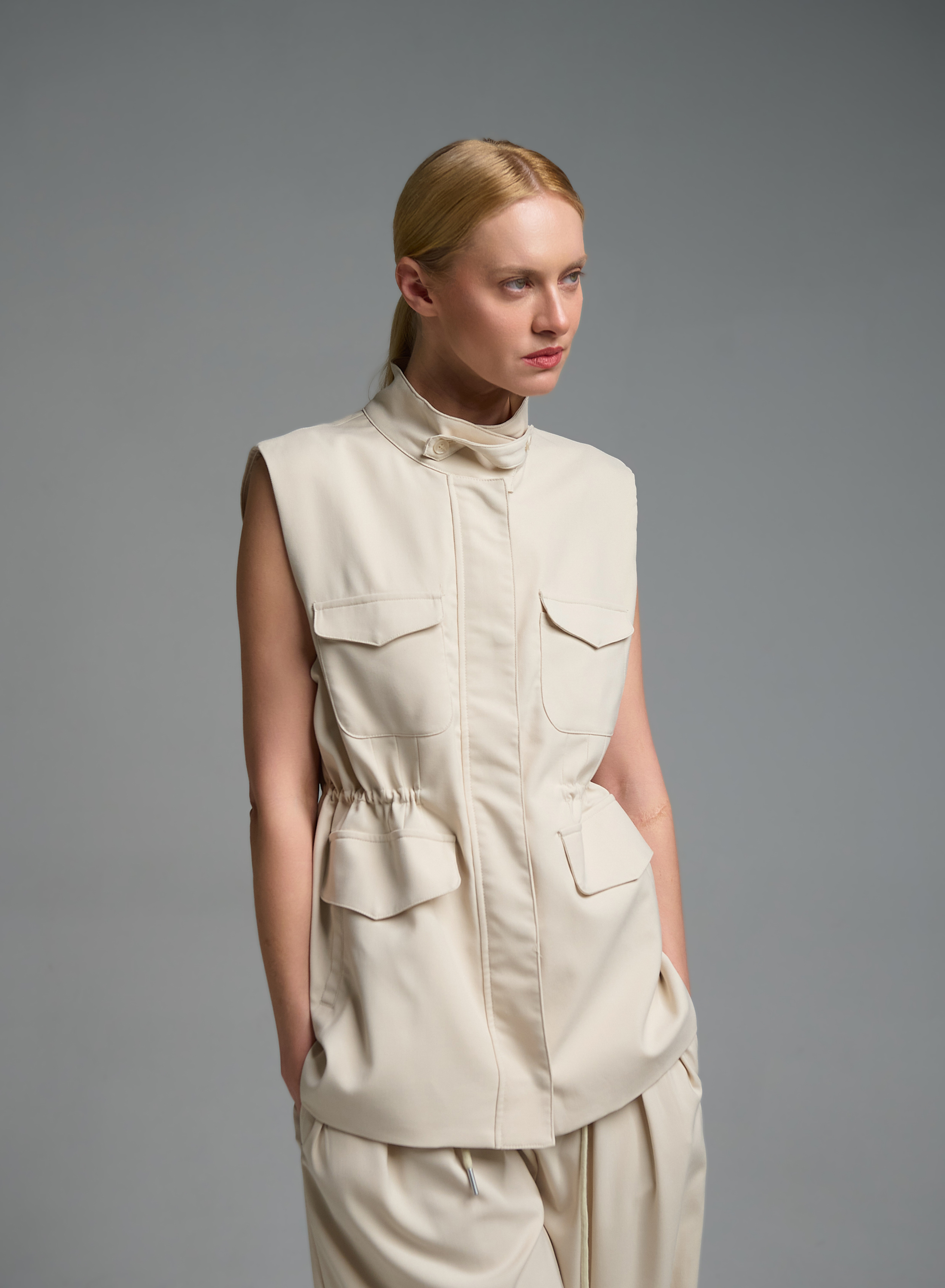 Εκρού μακρύ Γιλέκο με τσέπες μπροστά και με κορδόνι στη μέση My Star - 5