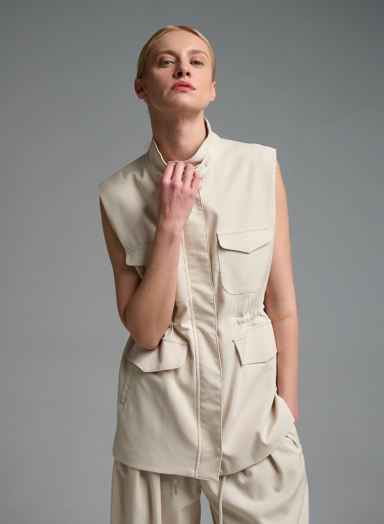 Εκρού μακρύ Γιλέκο με τσέπες μπροστά και με κορδόνι στη μέση My Star - 5