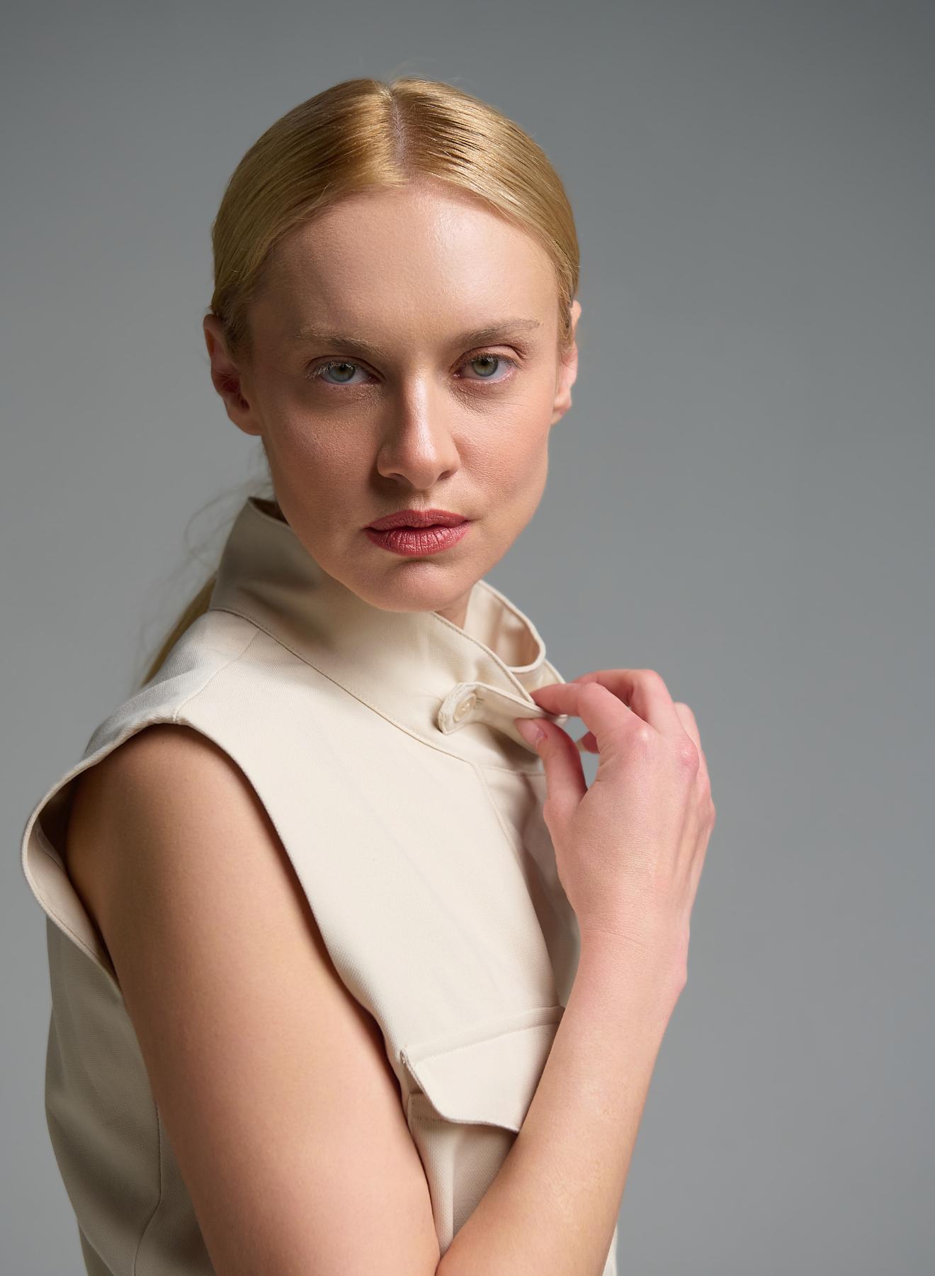 Εκρού μακρύ Γιλέκο με τσέπες μπροστά και με κορδόνι στη μέση My Star - 3