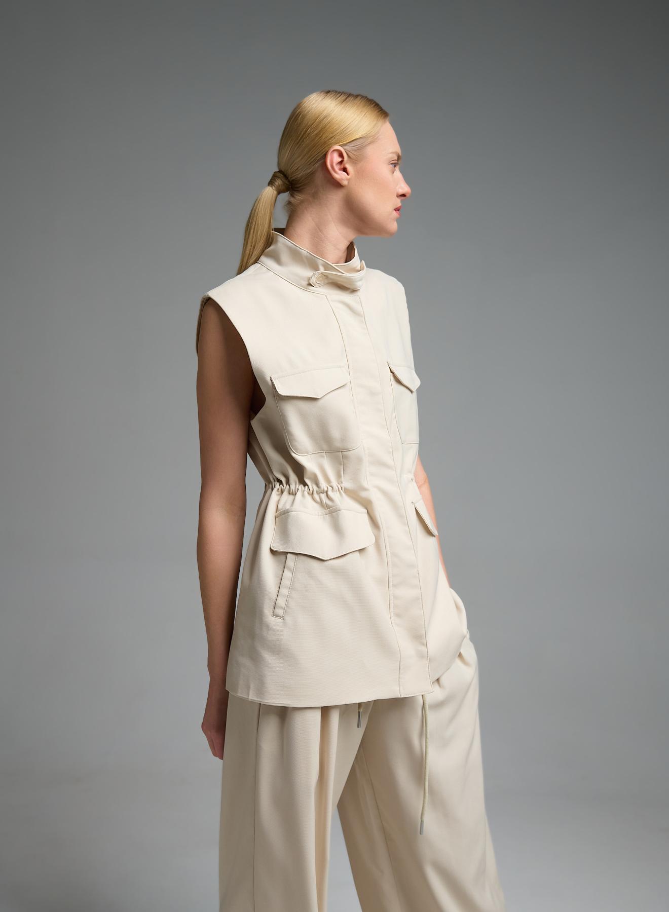 Εκρού μακρύ Γιλέκο με τσέπες μπροστά και με κορδόνι στη μέση My Star - 2