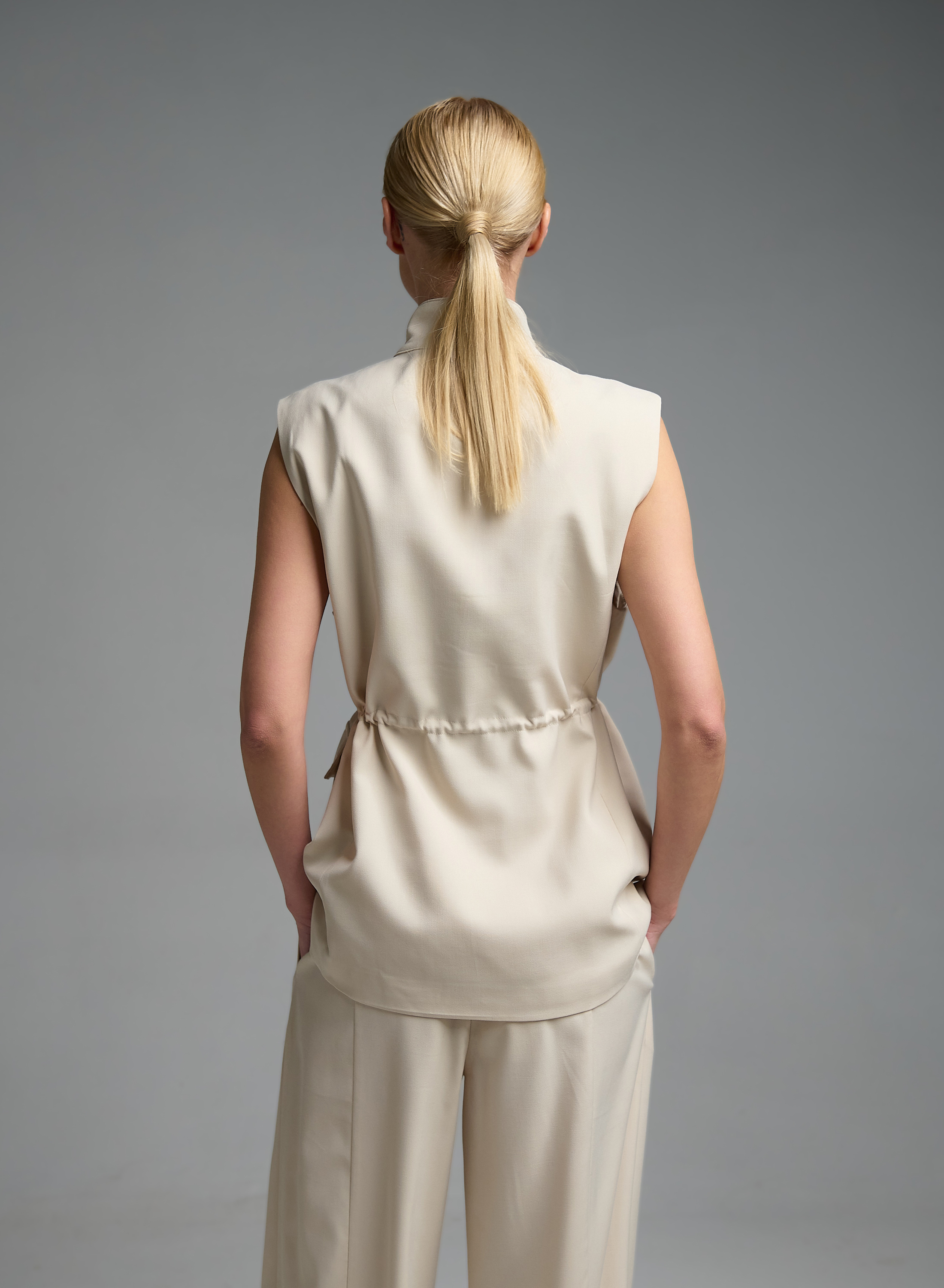 Εκρού μακρύ Γιλέκο με τσέπες μπροστά και με κορδόνι στη μέση My Star - 6