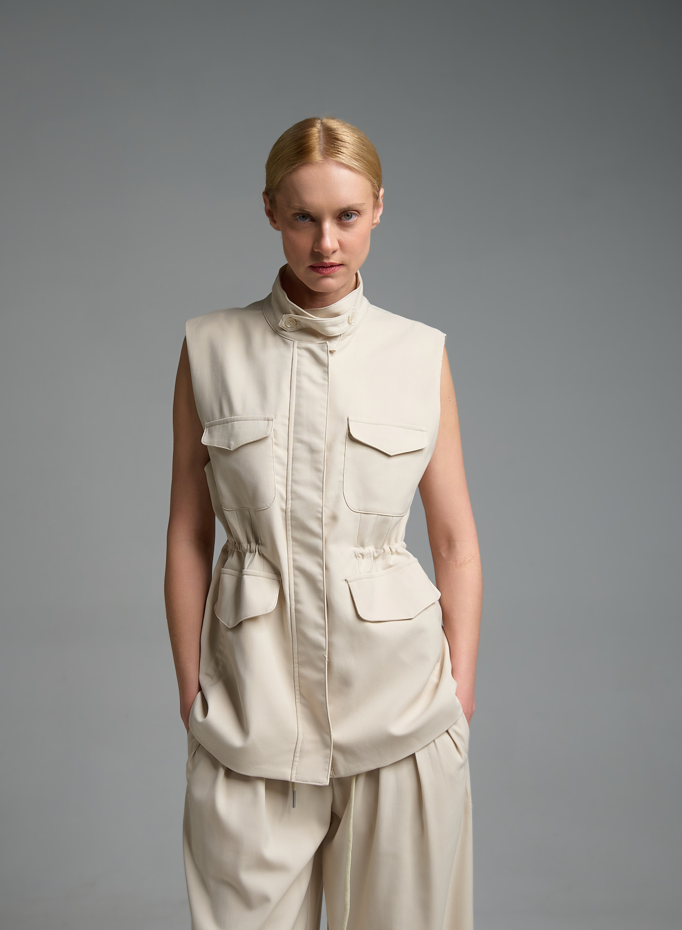 Εκρού μακρύ Γιλέκο με τσέπες μπροστά και με κορδόνι στη μέση My Star - 0