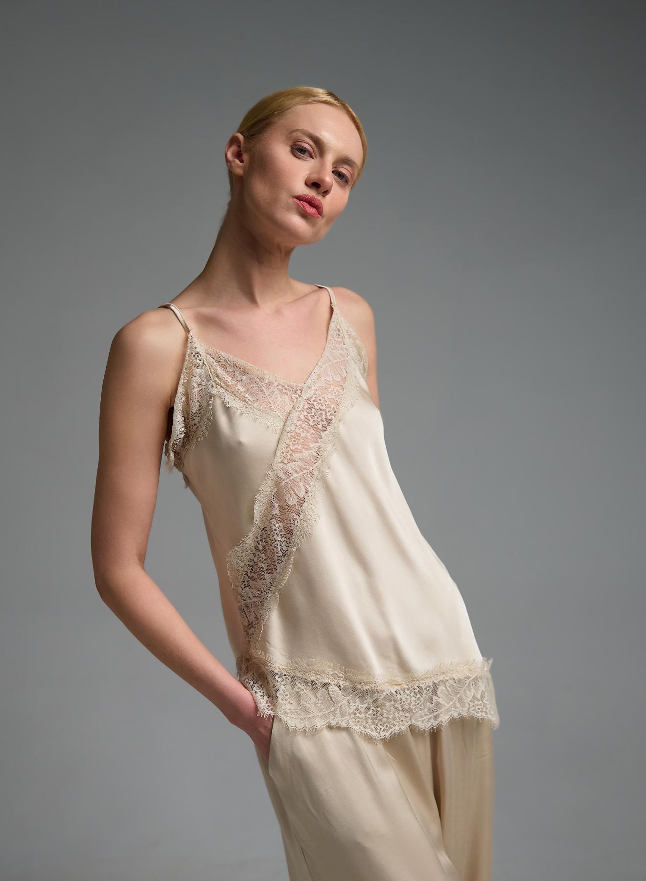 Εκρού silky touch Τοπ με τιράντες και με δαντέλα Valentina Milano - 3