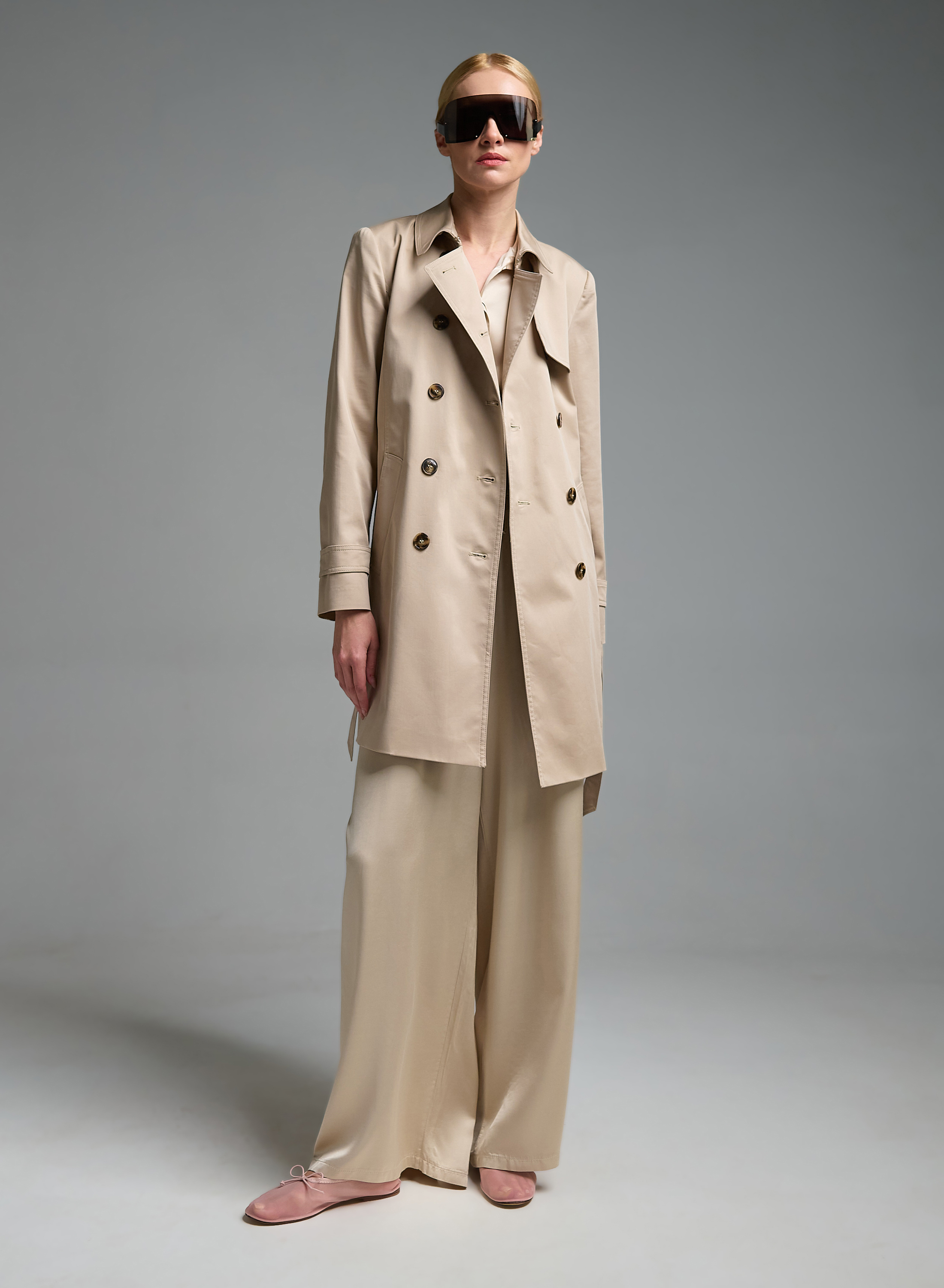 Μπεζ σταυροκούμπωτη Καμπαρντίνα με ζώνη Emme Marella - 5