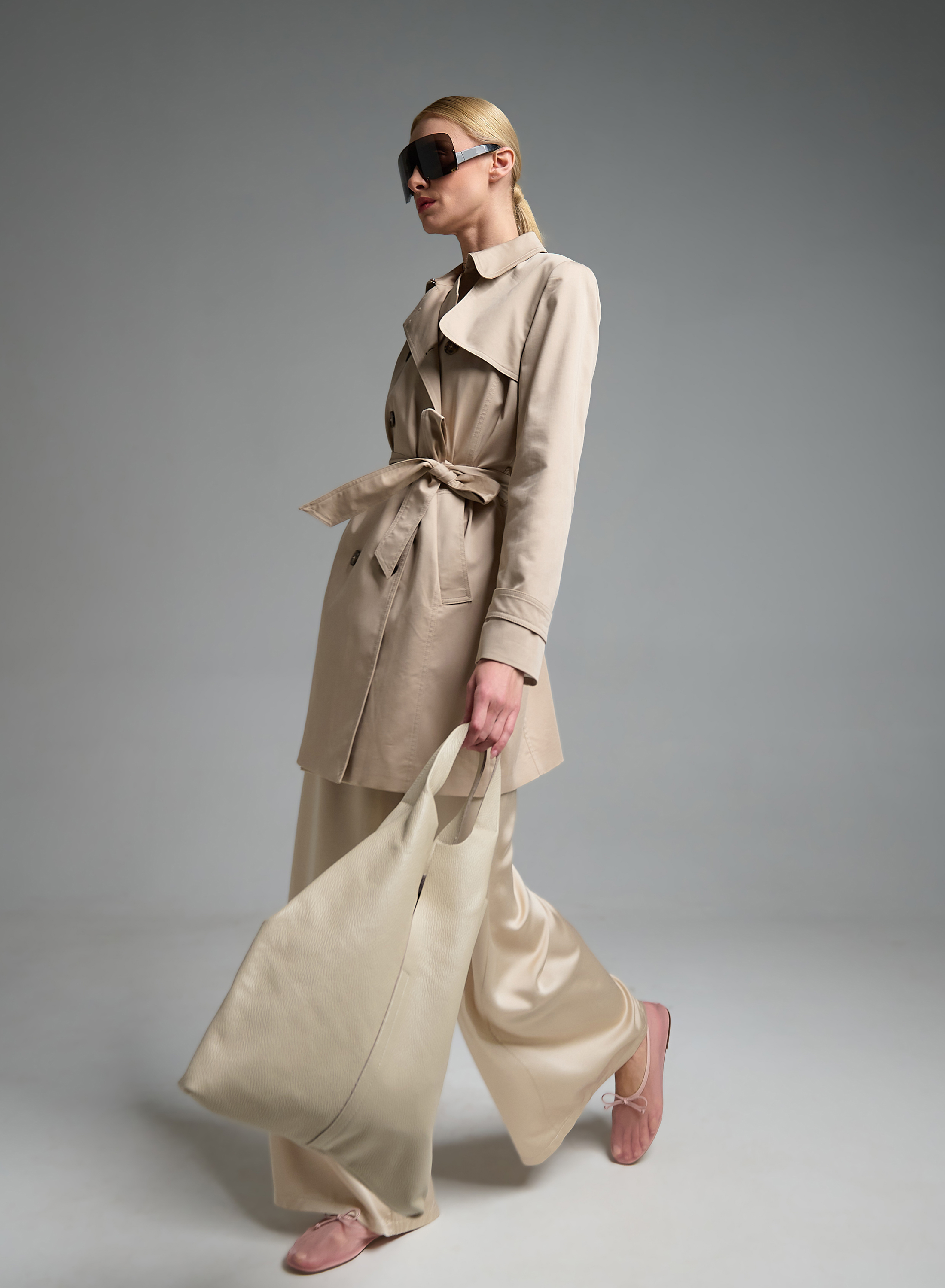 Μπεζ σταυροκούμπωτη Καμπαρντίνα με ζώνη Emme Marella - 9