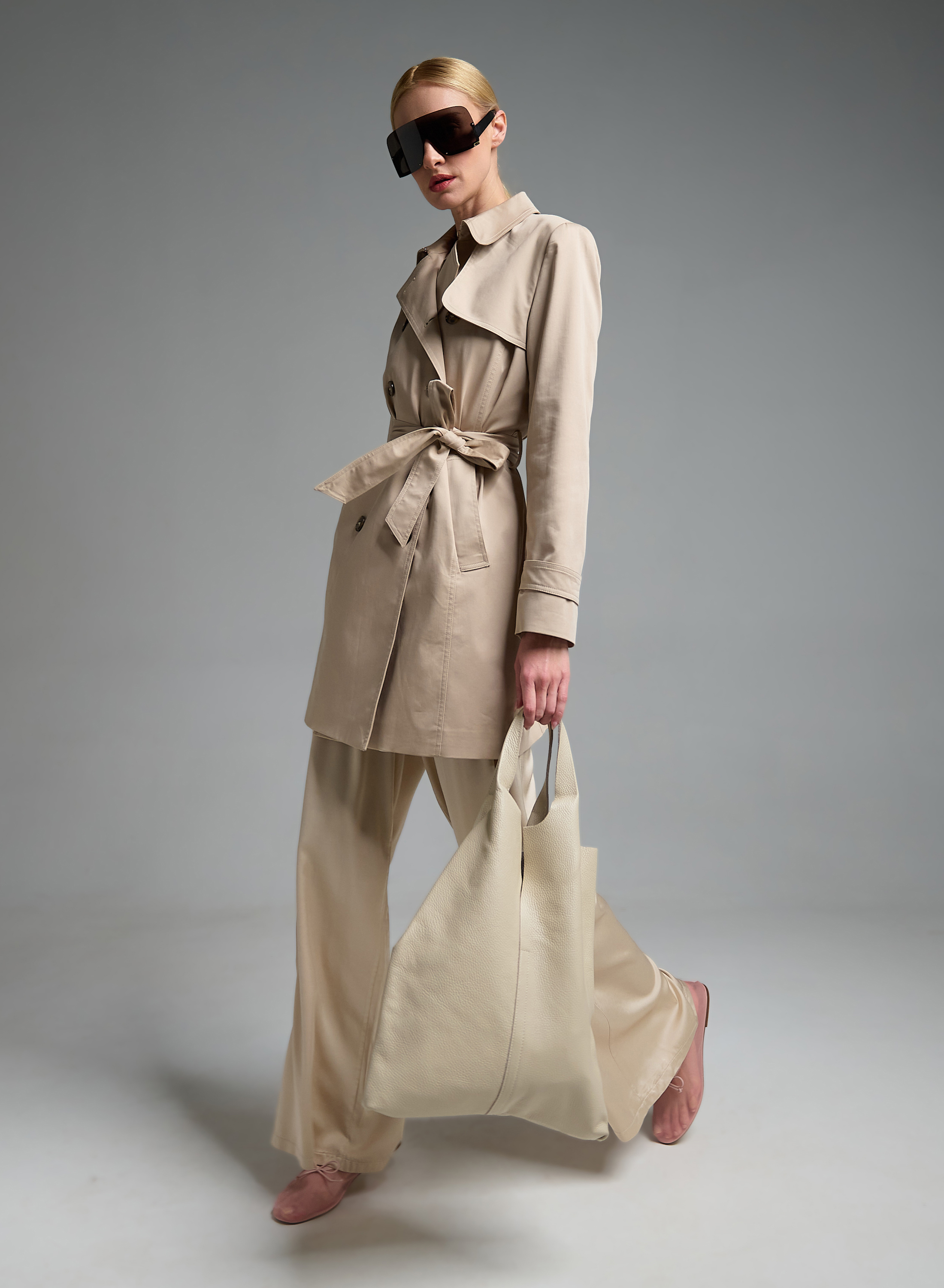 Μπεζ σταυροκούμπωτη Καμπαρντίνα με ζώνη Emme Marella - 6