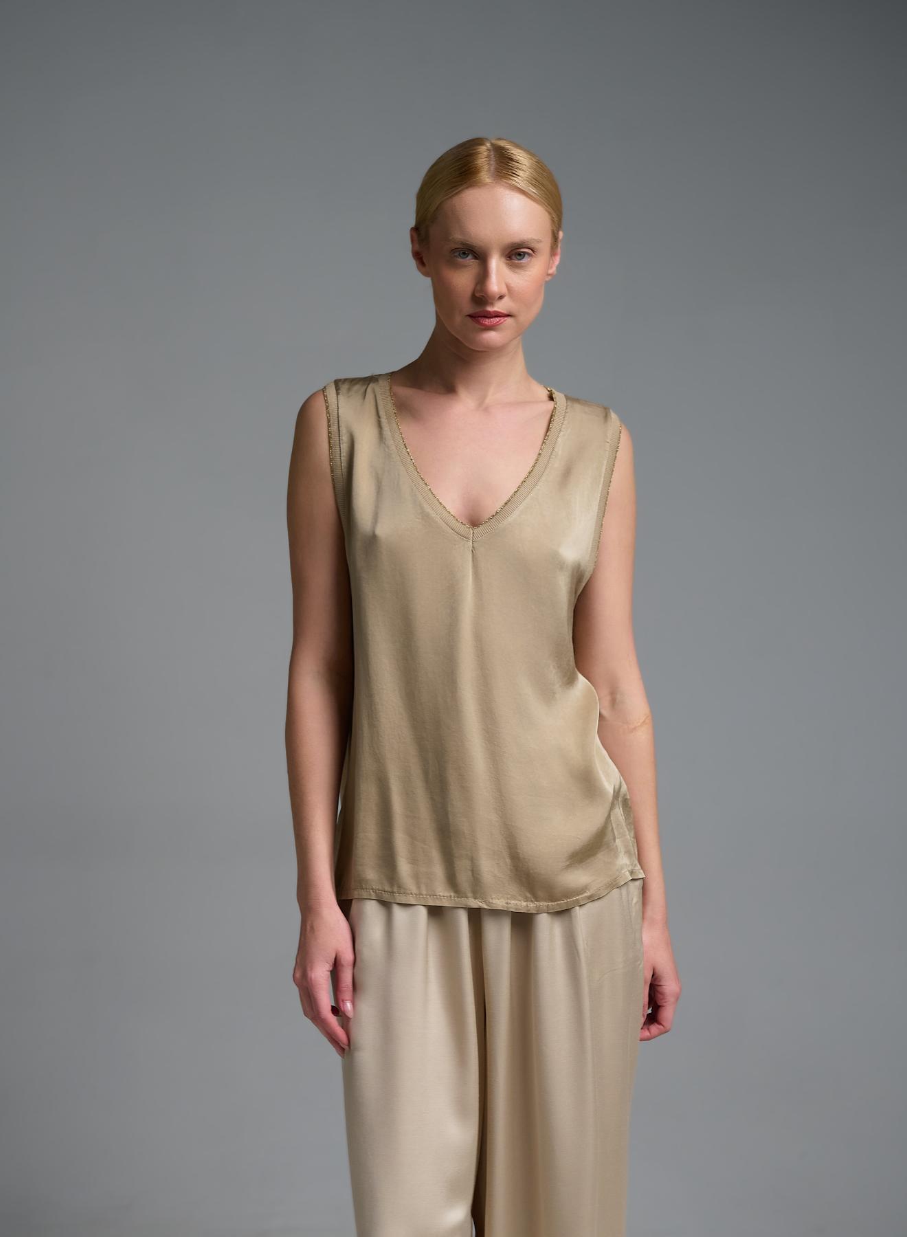 Χρυσό silky touch αμάνικο Τοπ με V λαιμόκοψη Valentina Milano - 1