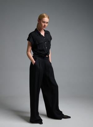 Black wide legs pleated Pants with elasticated rear waistband Eco - 58369
