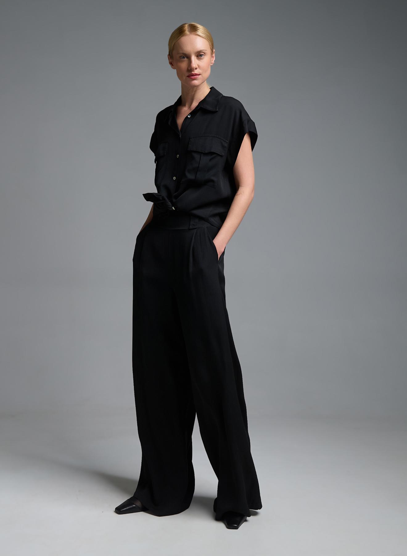 Black wide legs pleated Pants with elasticated rear waistband Eco - 2