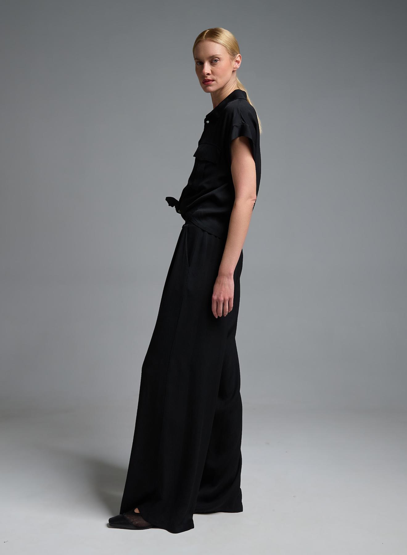 Black wide legs pleated Pants with elasticated rear waistband Eco - 4