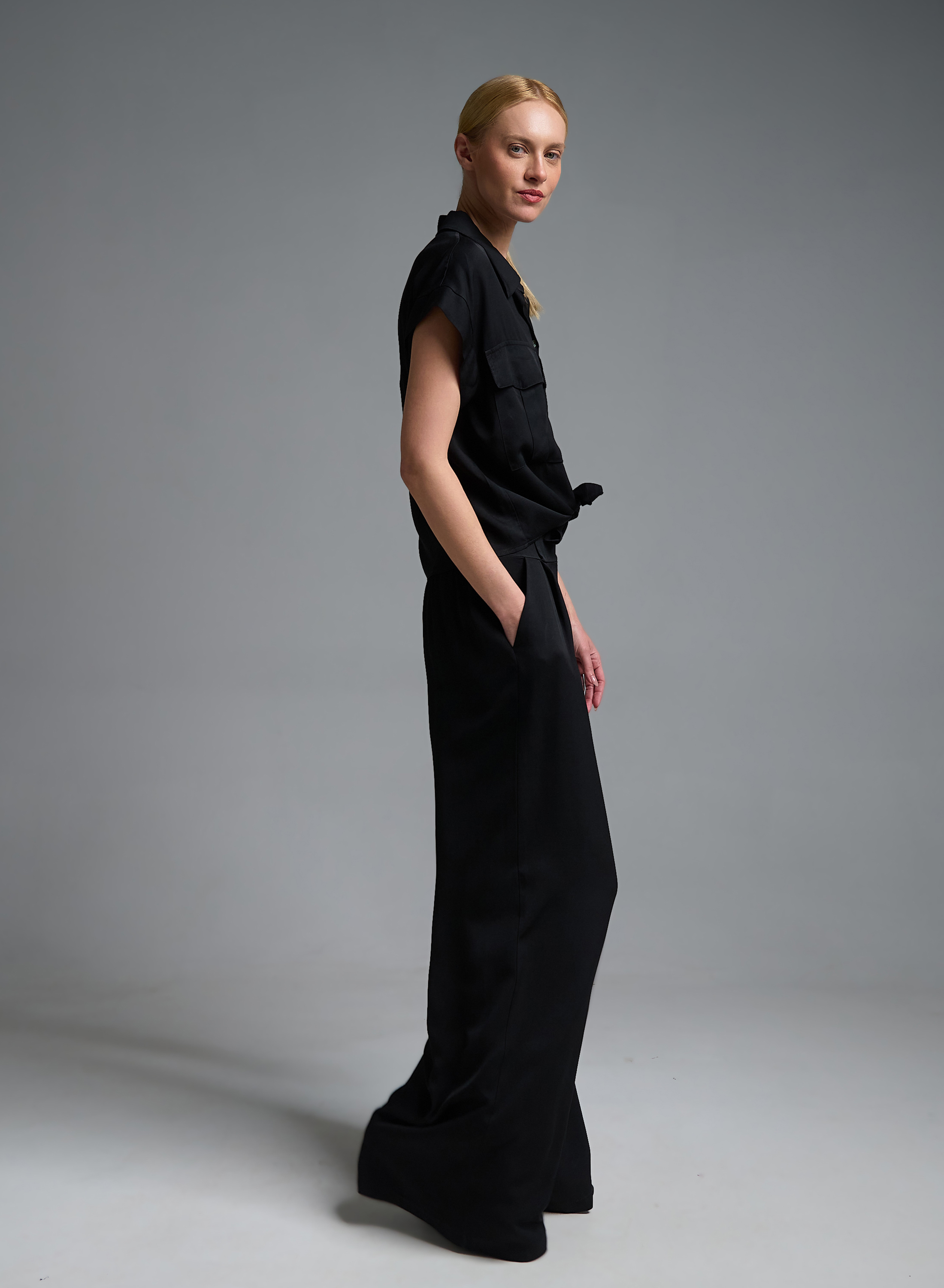 Black wide legs pleated Pants with elasticated rear waistband Eco - 4