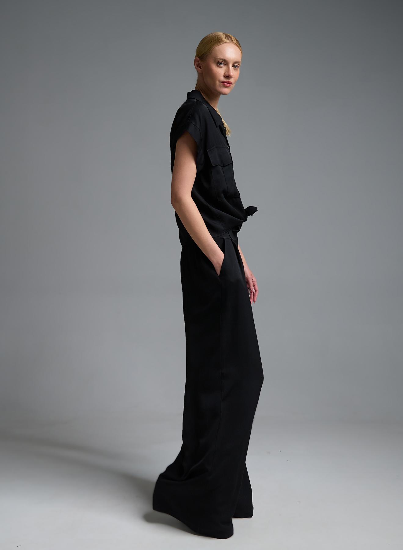 Black wide legs pleated Pants with elasticated rear waistband Eco - 5