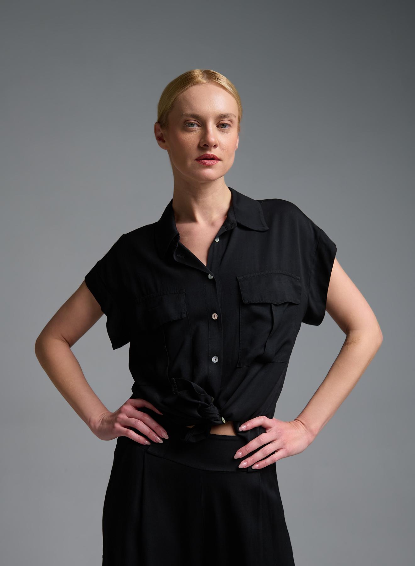 Μαύρο Πουκάμισο με κοντά μανίκια και κόμπο μπροστά Eco - 1