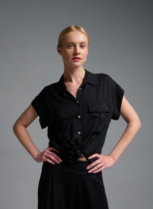 Μαύρο Πουκάμισο με κοντά μανίκια και κόμπο μπροστά Eco - 58352