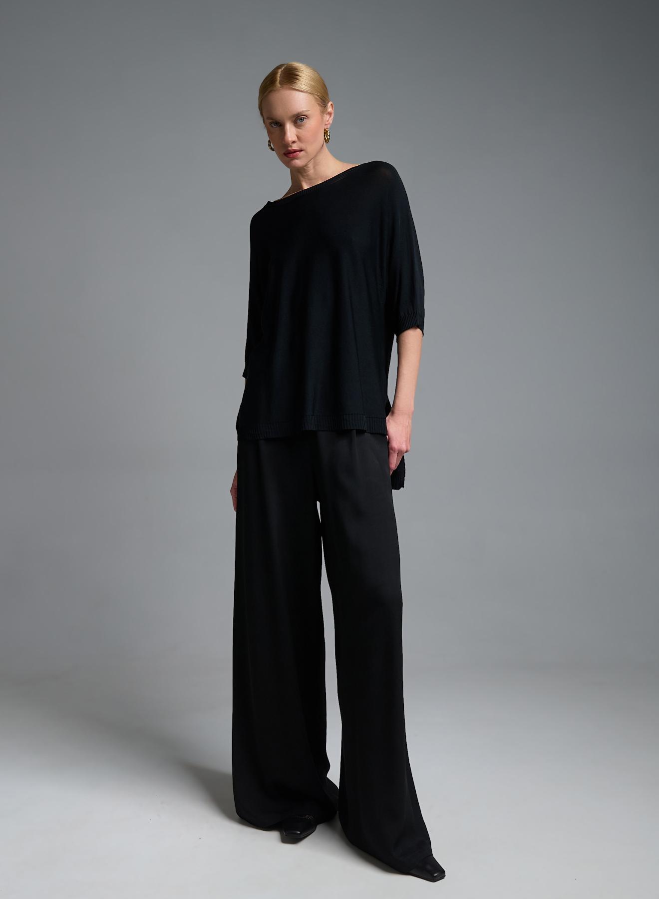 Μαύρη πλεκτή Μπλούζα με ανοίγματα στο πλάι και με κοντά μανίκια Valentina Milano - 3