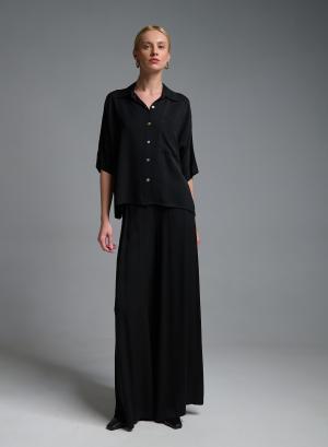 Μαύρο wide legs Παντελόνι με λάστιχο πίσω στη μέση Eco - 58438