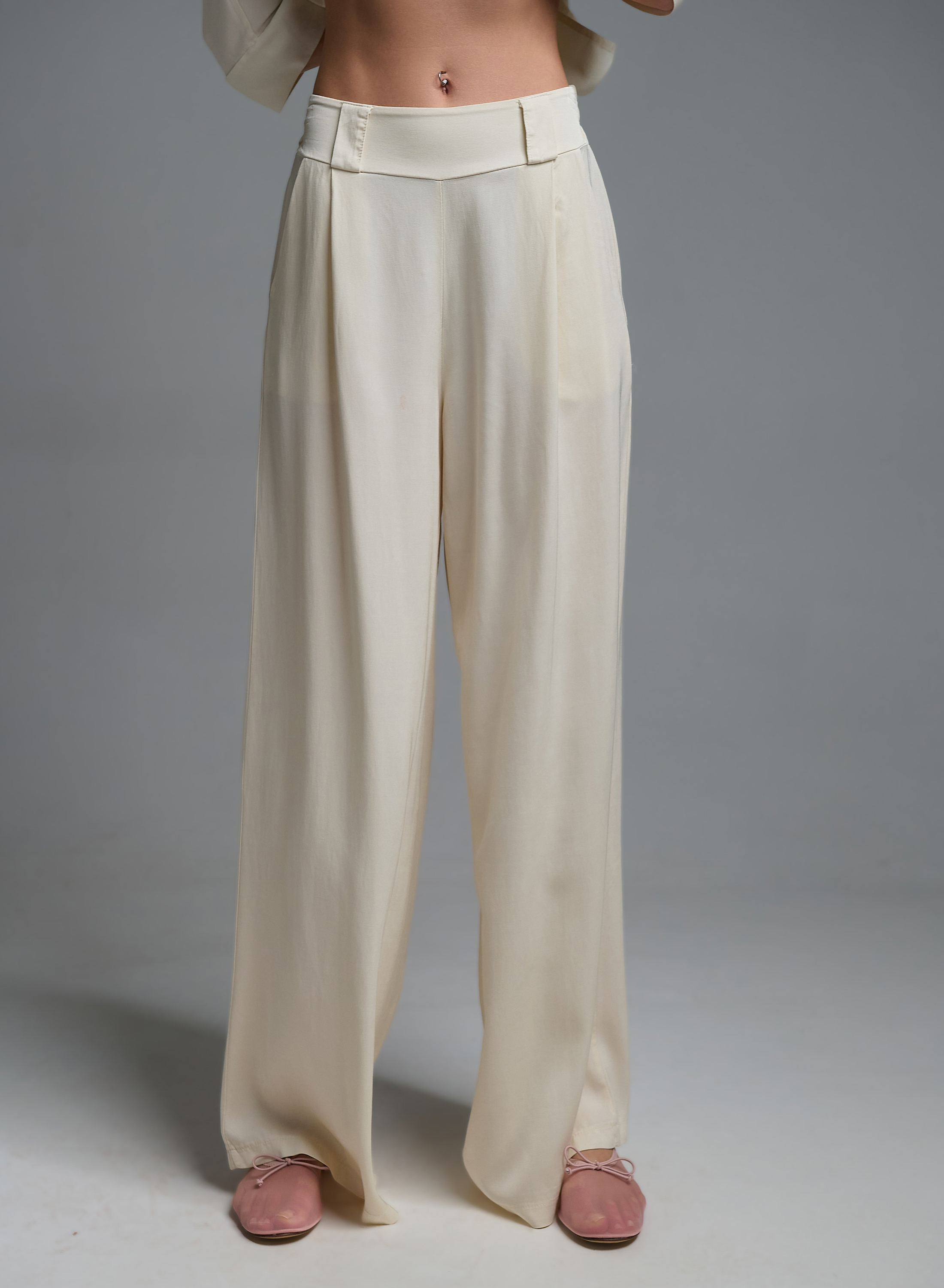 Ecru wide legs pleated Pants with elasticated rear waistband Eco - 2