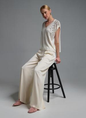 Εκρού αμάνικη πλεκτή Μπλούζα με V λαιμόκοψη και με διακοσμητικά κρύσταλλα Eco - 58518