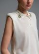 Εκρού πλεκτή αμάνικη Μπλούζα με γιακά με διακοσμητικά κρύσταλλα Eco - 2