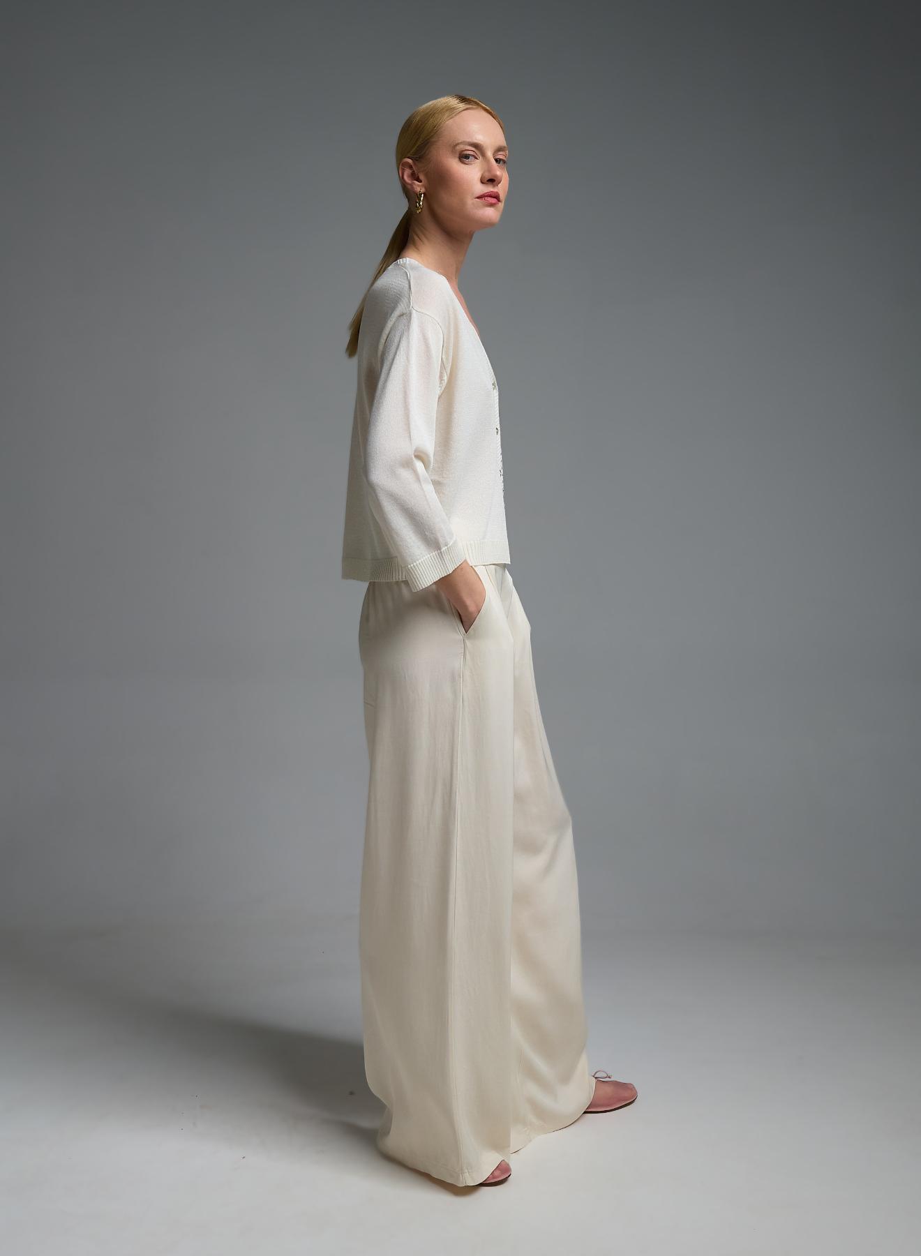 Ecru knitted Cardigan with V neckline with decorative crystals Eco - 2