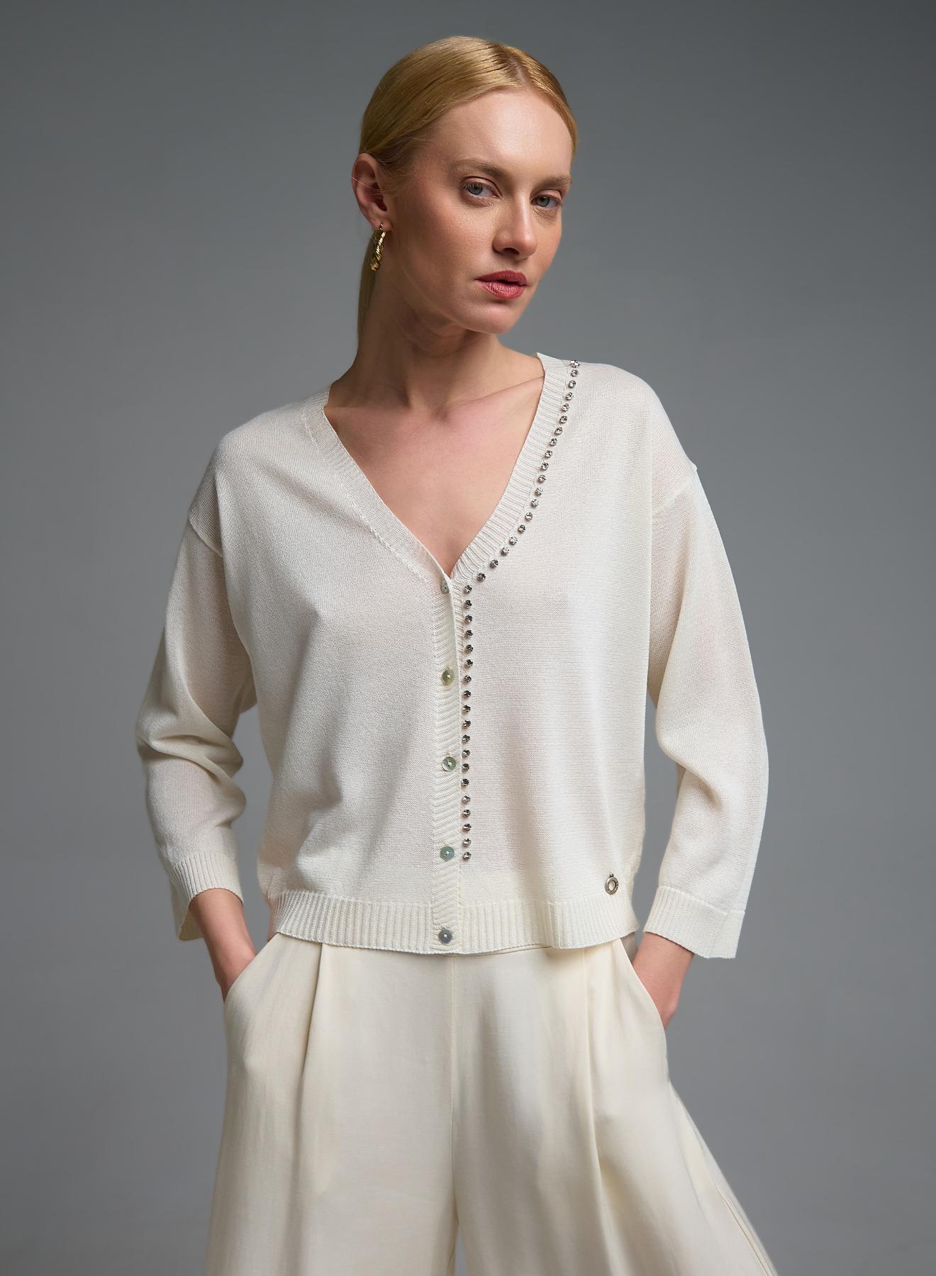Ecru knitted Cardigan with V neckline with decorative crystals Eco - 1