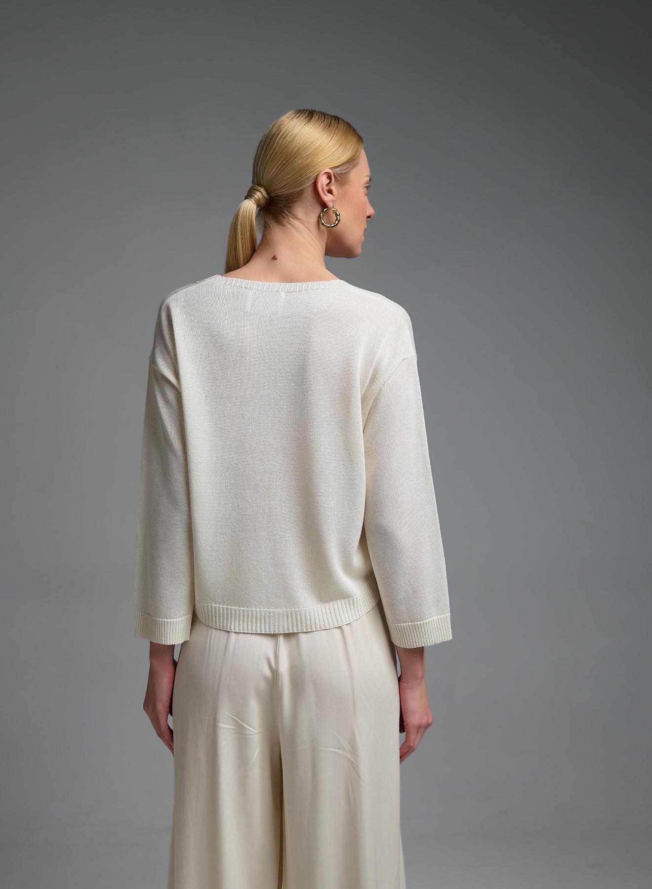 Ecru knitted Cardigan with V neckline with decorative crystals Eco - 4