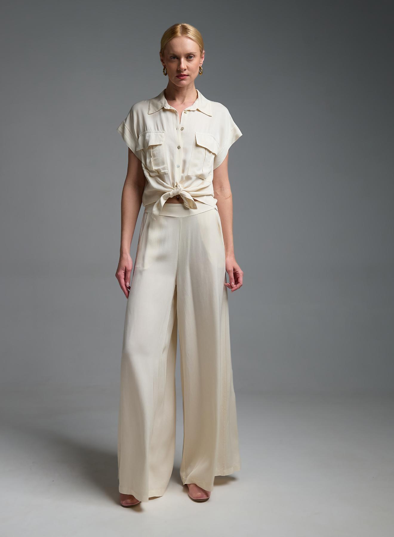 Εκρού Πουκάμισο με κοντά μανίκια και κόμπο μπροστά Eco - 3