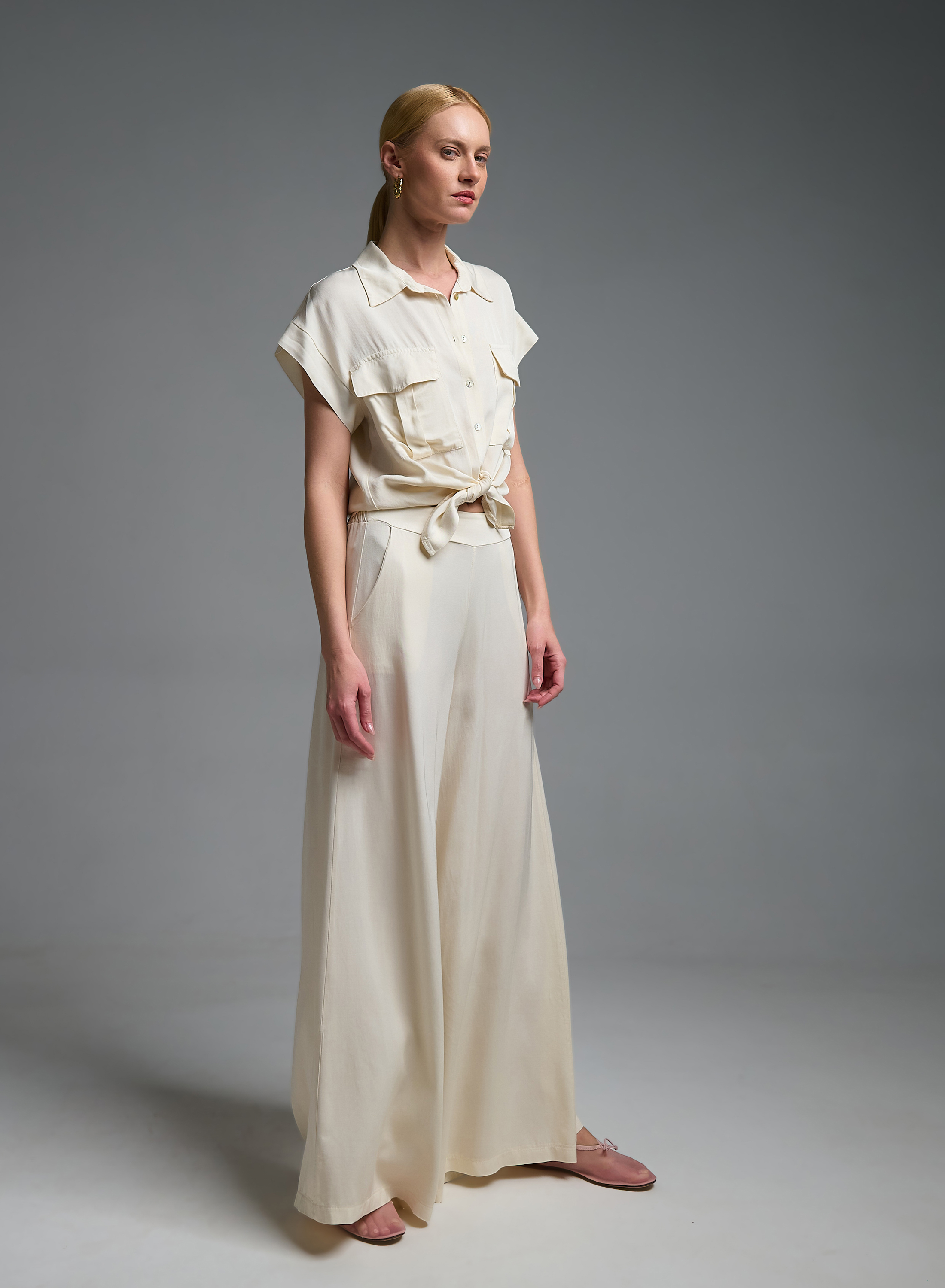 Εκρού Πουκάμισο με κοντά μανίκια και κόμπο μπροστά Eco - 0