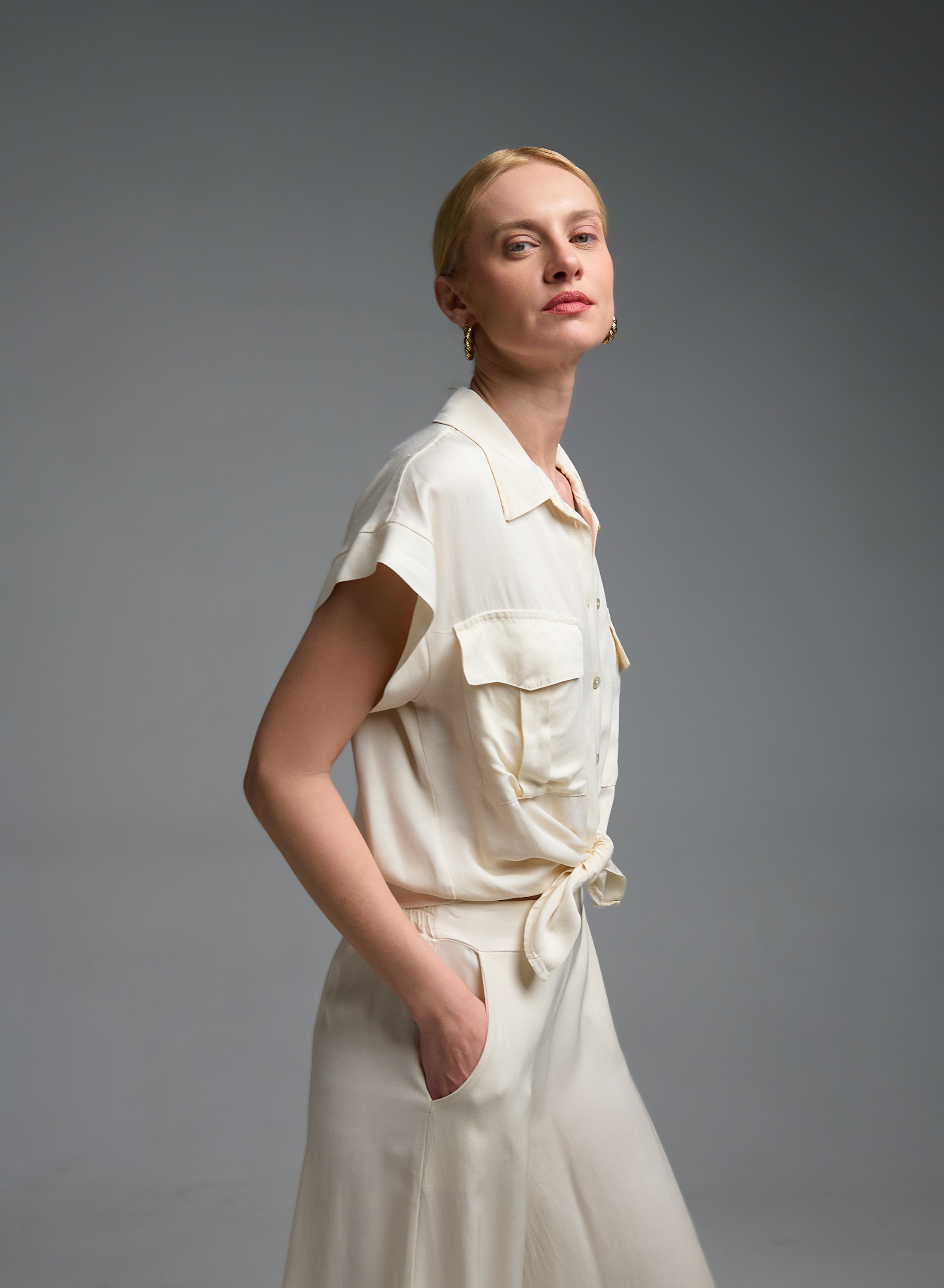 Εκρού Πουκάμισο με κοντά μανίκια και κόμπο μπροστά Eco - 1