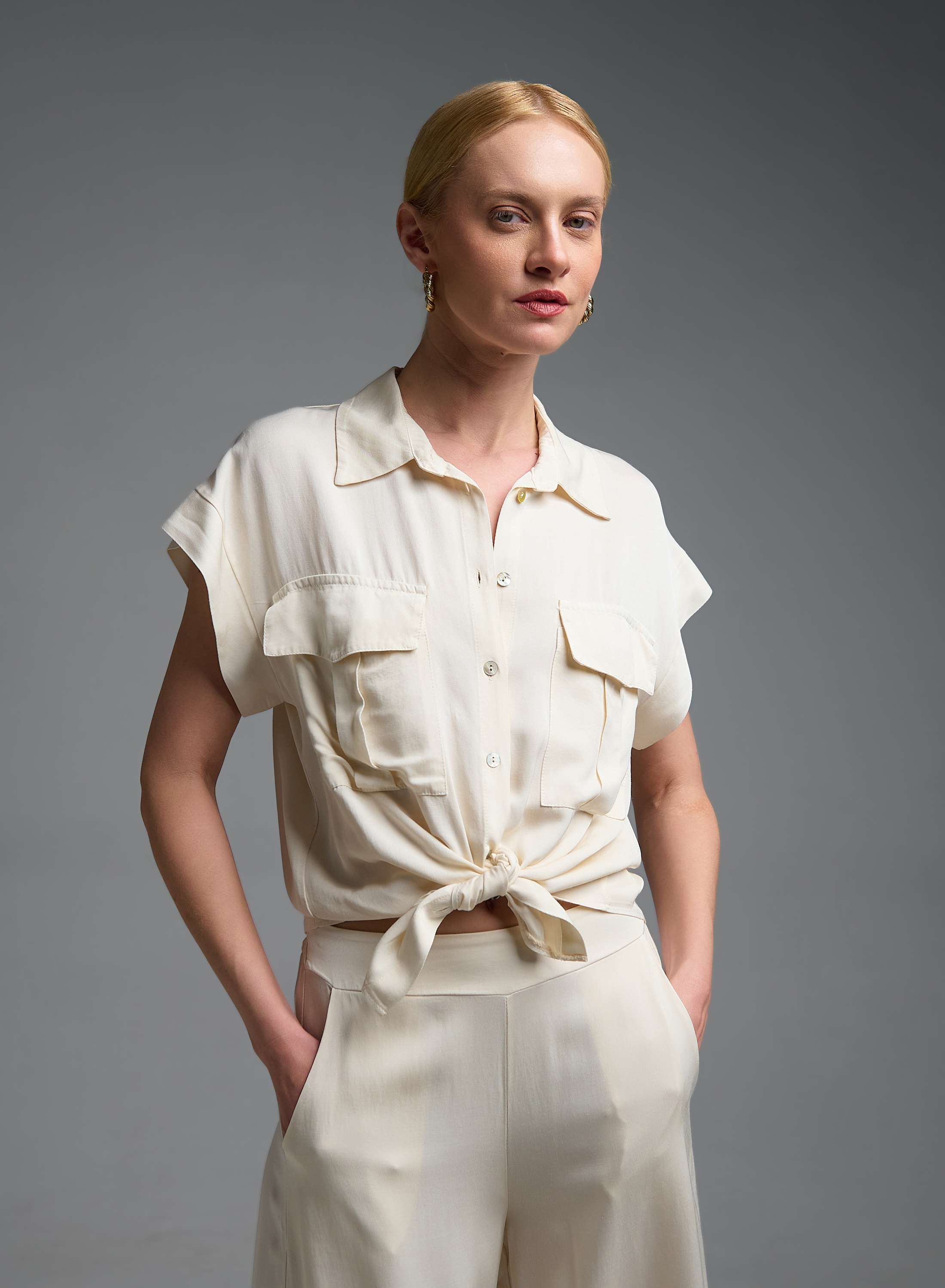 Εκρού Πουκάμισο με κοντά μανίκια και κόμπο μπροστά Eco - 3