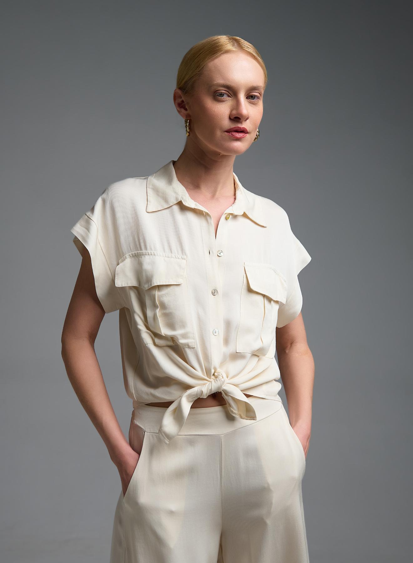 Εκρού Πουκάμισο με κοντά μανίκια και κόμπο μπροστά Eco - 4