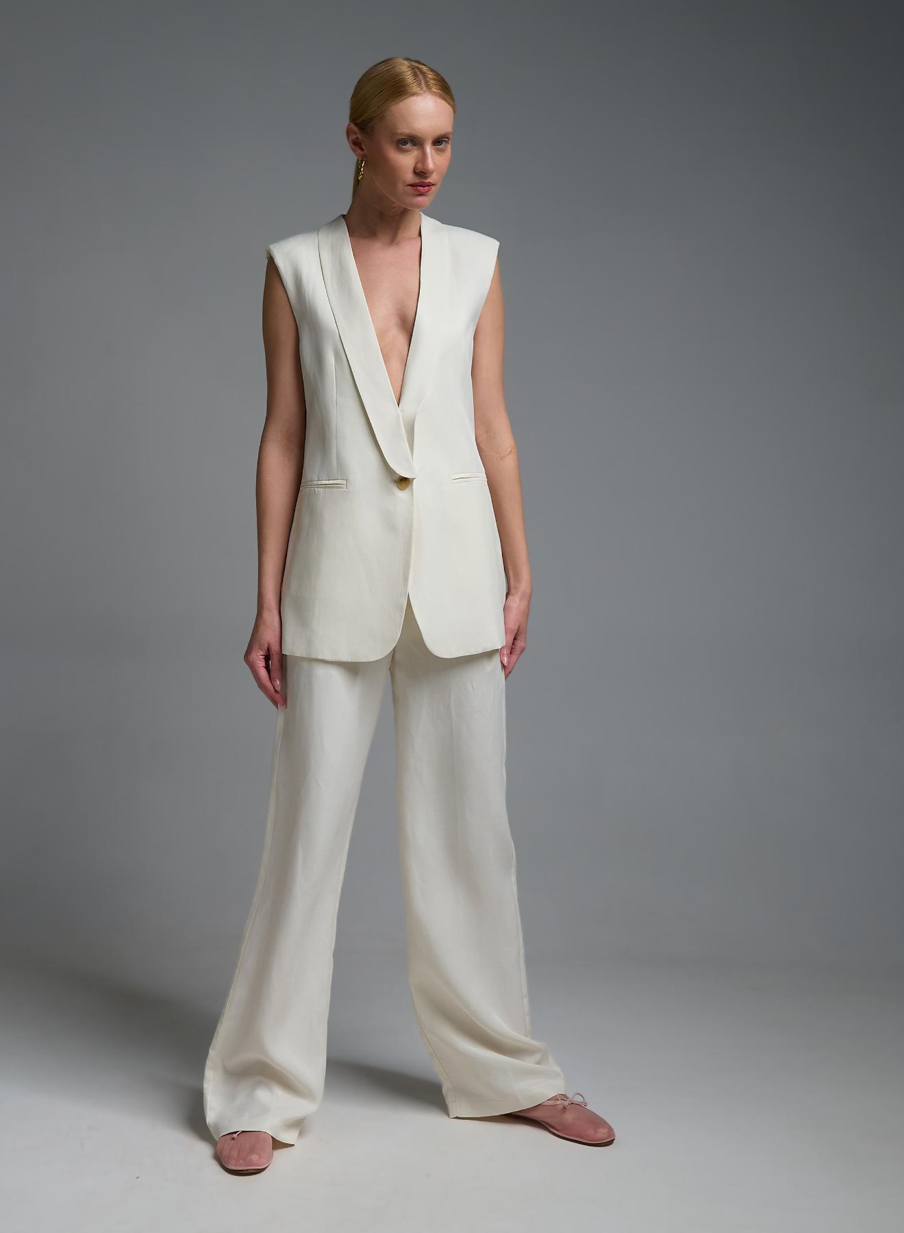 Εκρού μακρύ Γιλέκο με γιακά και με ένα κουμπί Vicolo - 2